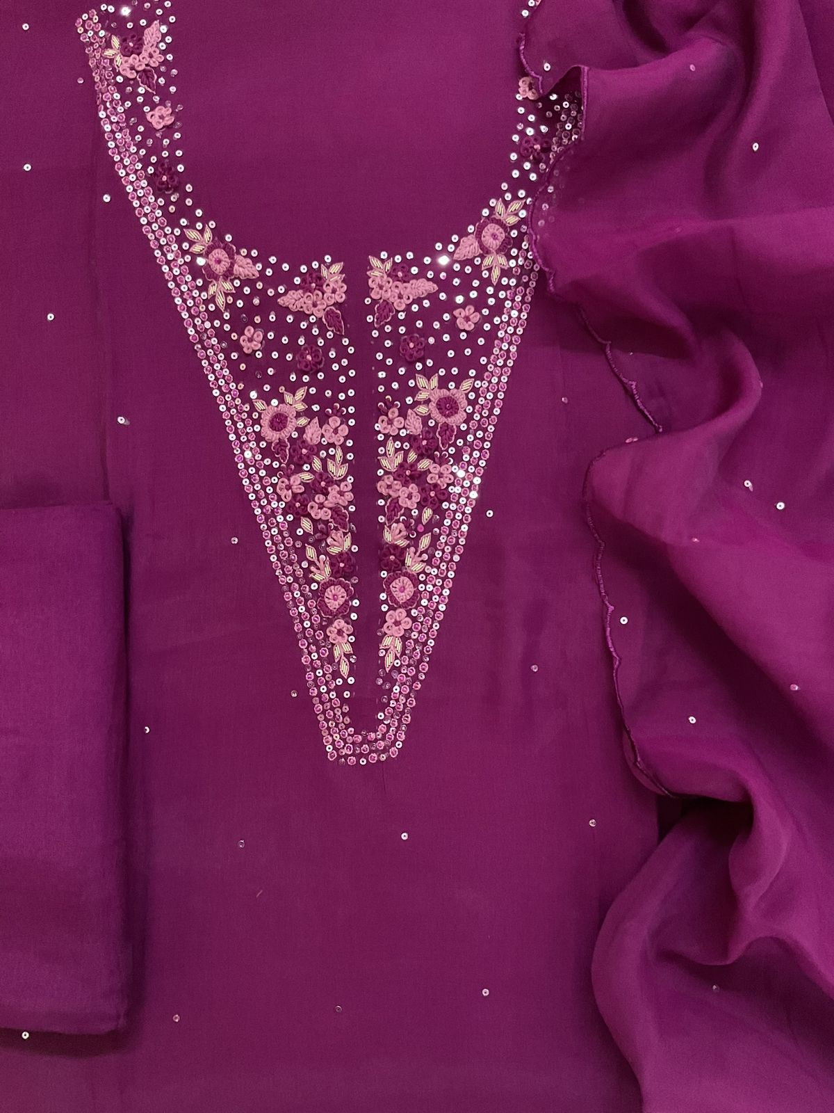 Soft Fine Muslin Embroidered Suit - Wine