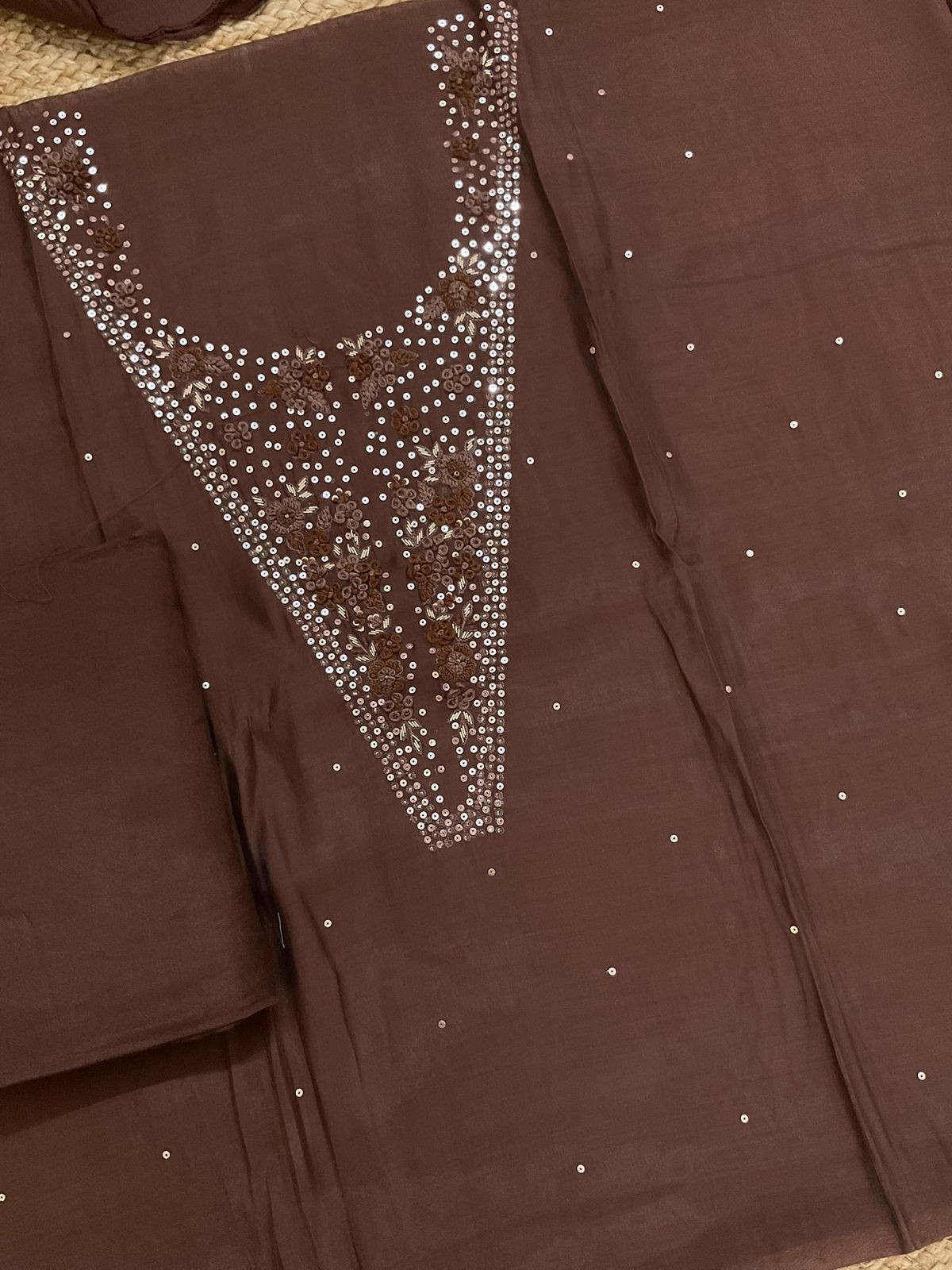 Soft Fine Muslin Embroidered Suit - Brown