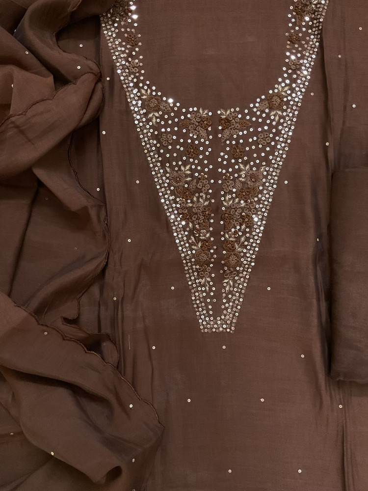 Image of Soft Fine Muslin Embroidered Suit - Brown
