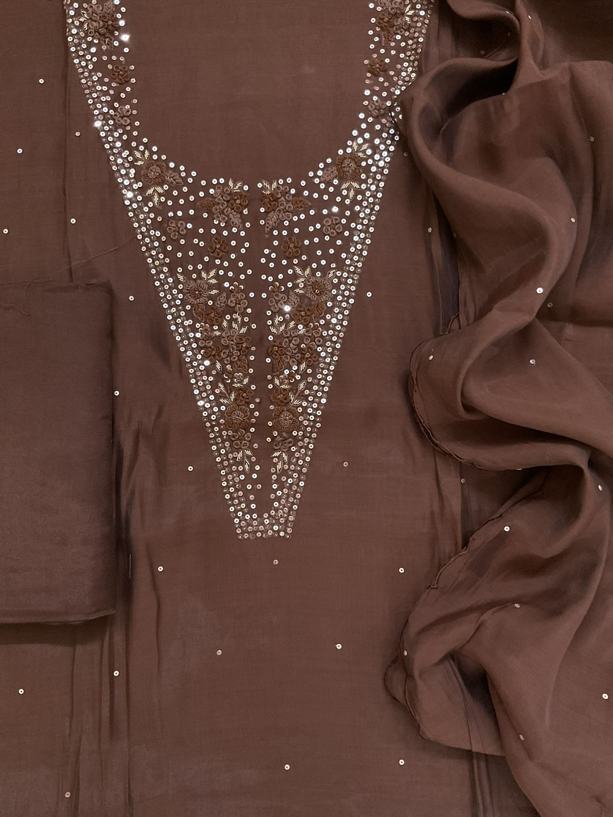 Soft Fine Muslin Embroidered Suit - Brown
