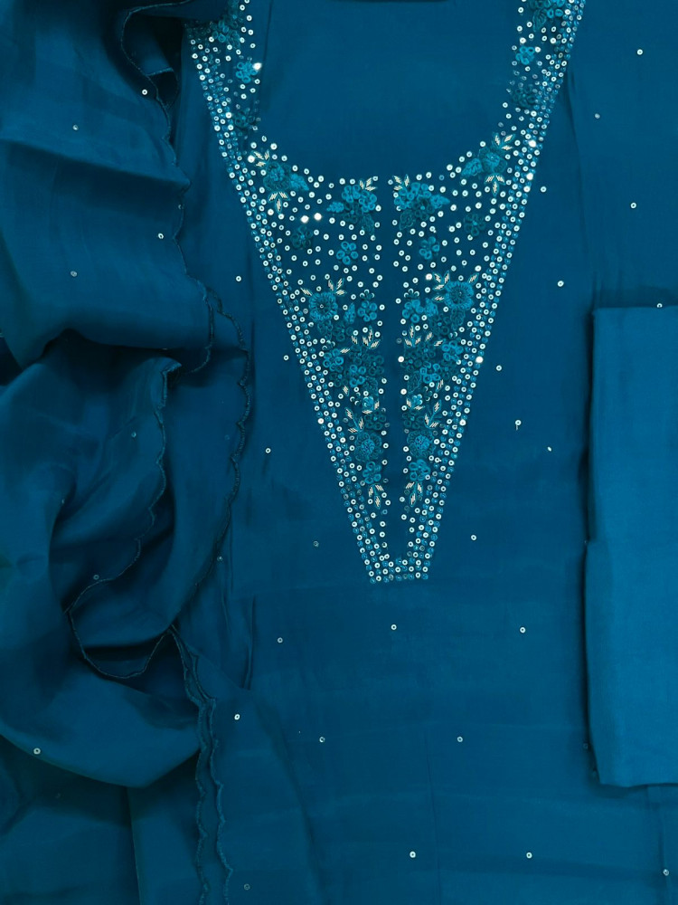 Image of Soft Fine Muslin Embroidered Suit - Blue