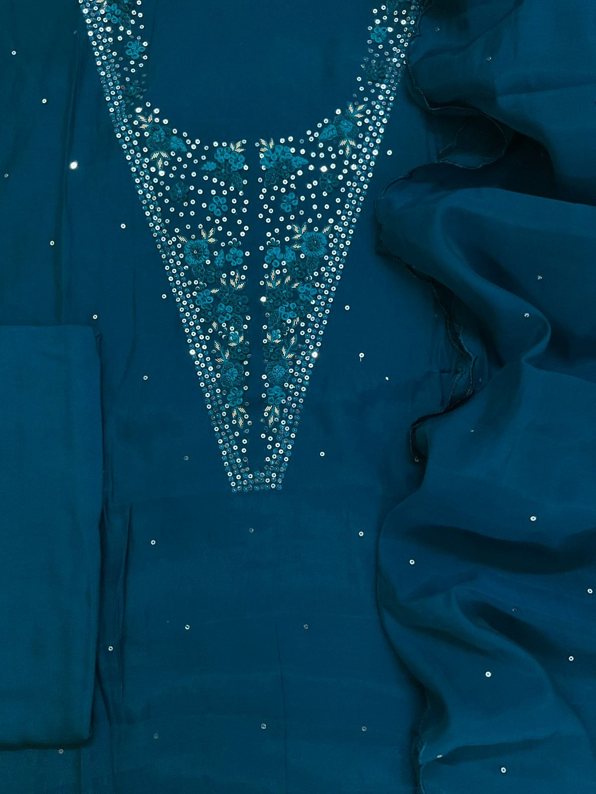 Soft Fine Muslin Embroidered Suit - Blue