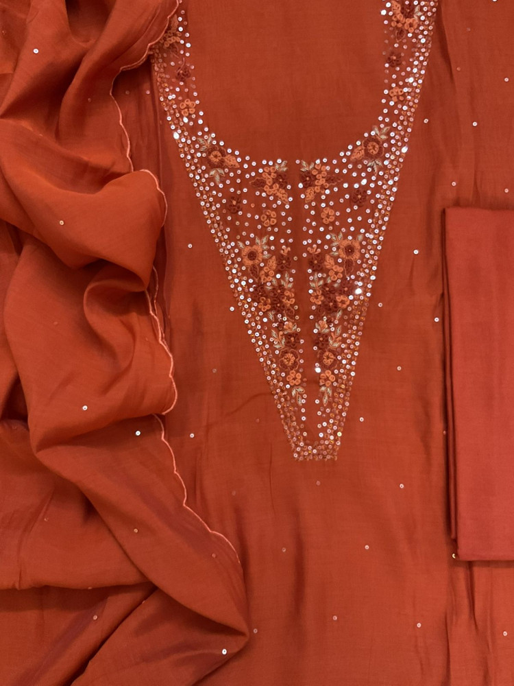 Image of Soft Fine Muslin Embroidered Suit - Orange