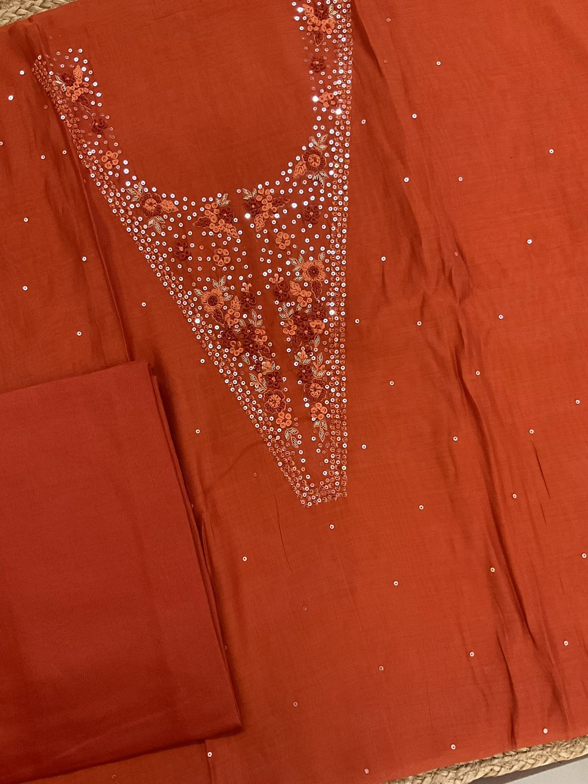 Soft Fine Muslin Embroidered Suit - Orange