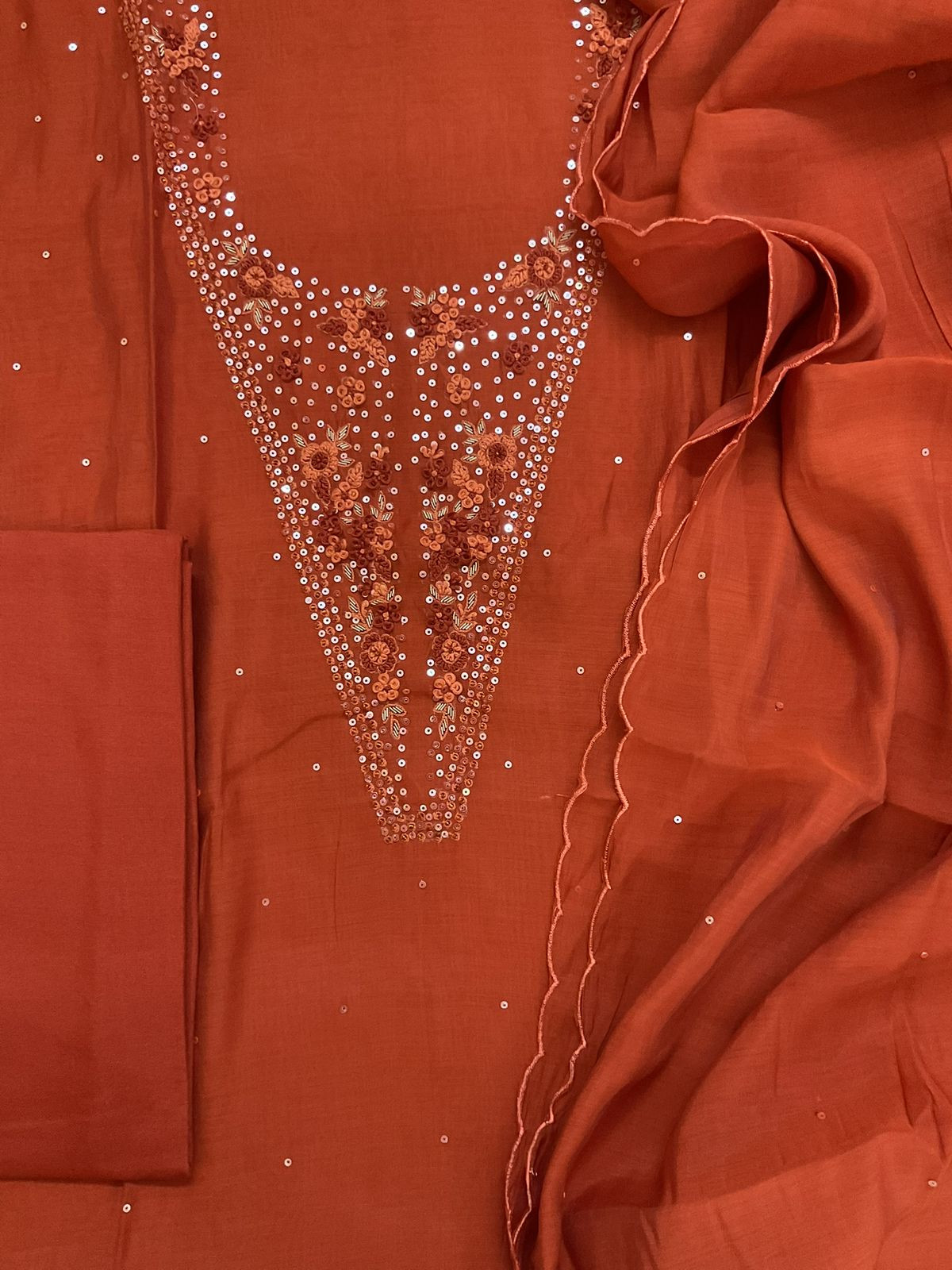 Soft Fine Muslin Embroidered Suit - Orange