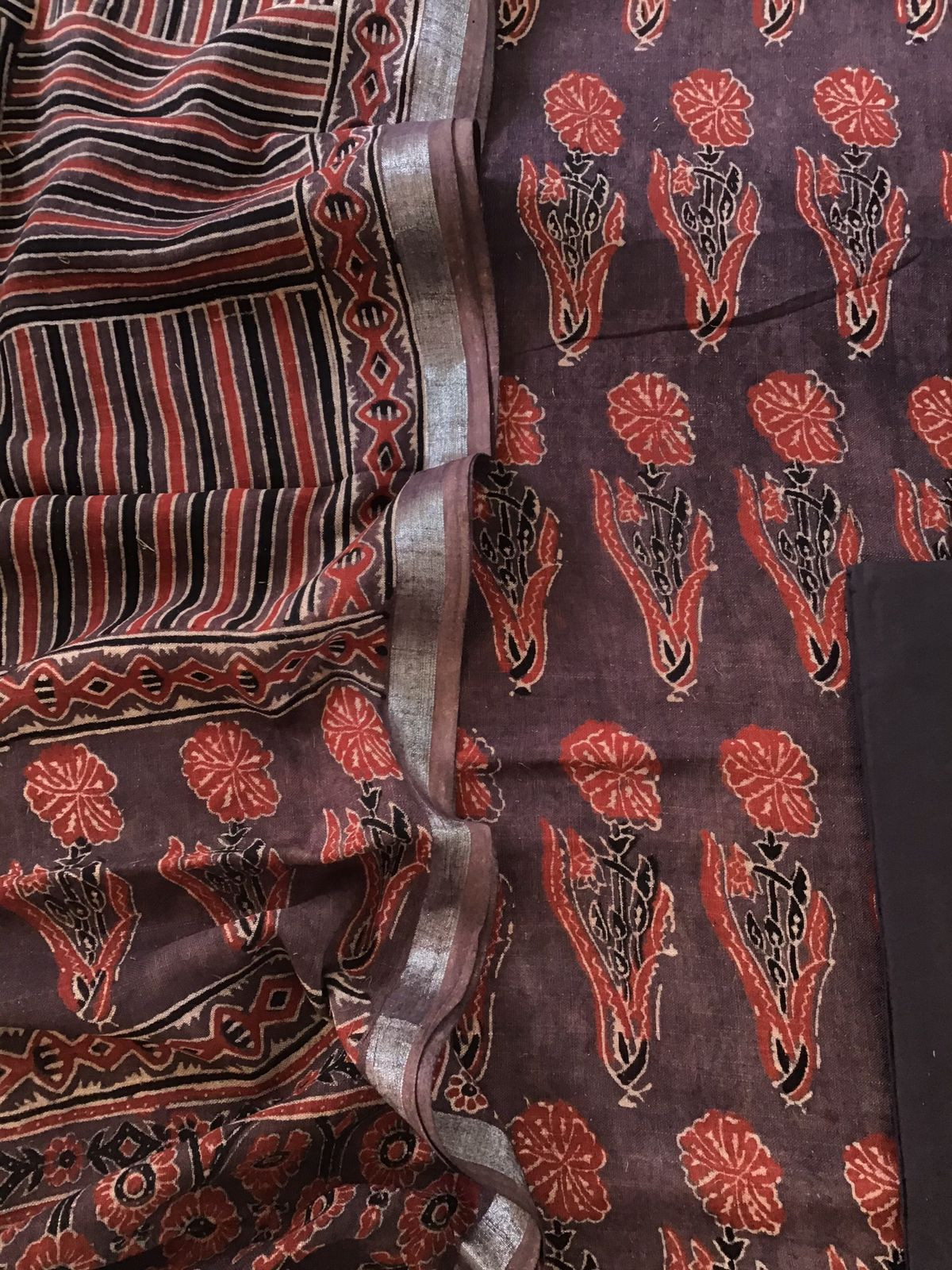 Pure Linen Jute Cotton Silk Ajrakh Printed Suit - Brown