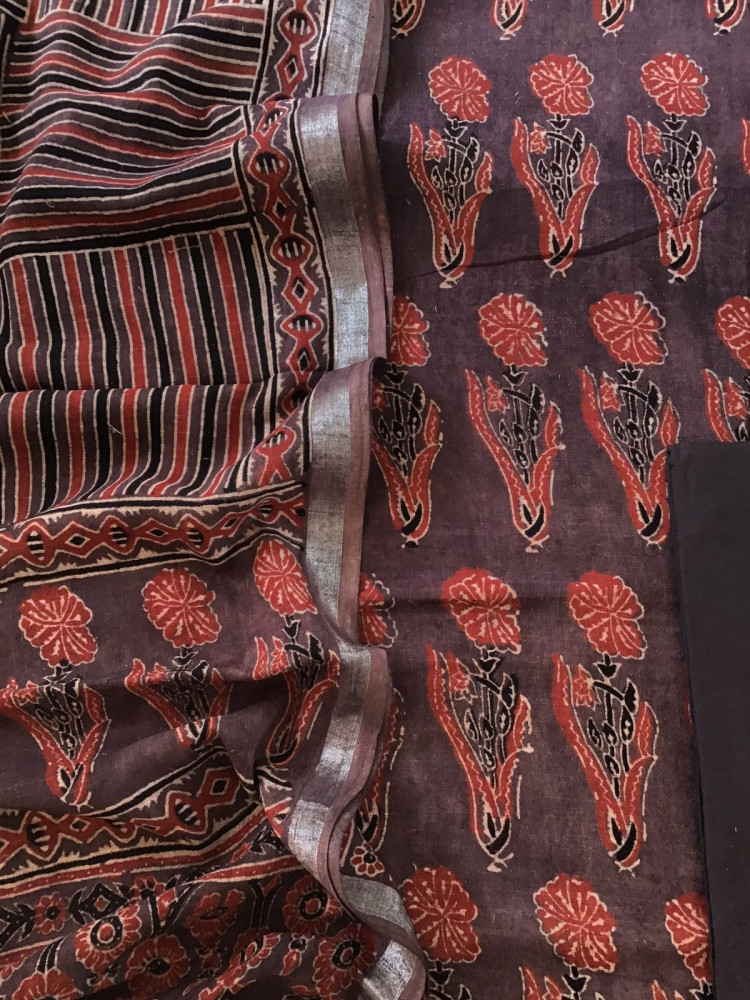 Image of Pure Linen Jute Cotton Silk Ajrakh Printed Suit - Brown