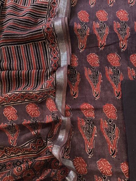 Image of Pure Linen Jute Cotton Silk Ajrakh Printed Suit - Brown