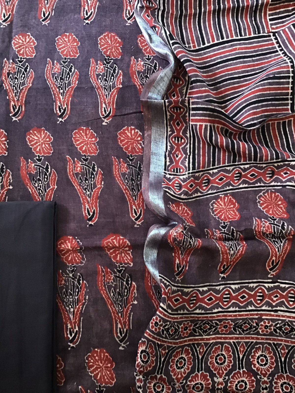 Pure Linen Jute Cotton Silk Ajrakh Printed Suit - Brown