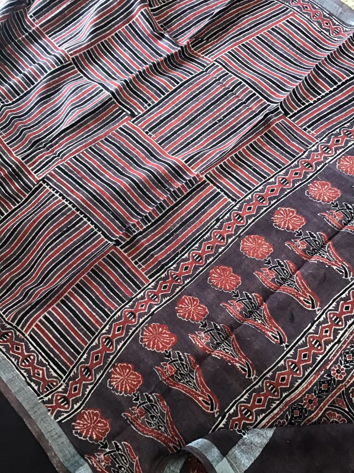 Pure Linen Jute Cotton Silk Ajrakh Printed Suit - Brown