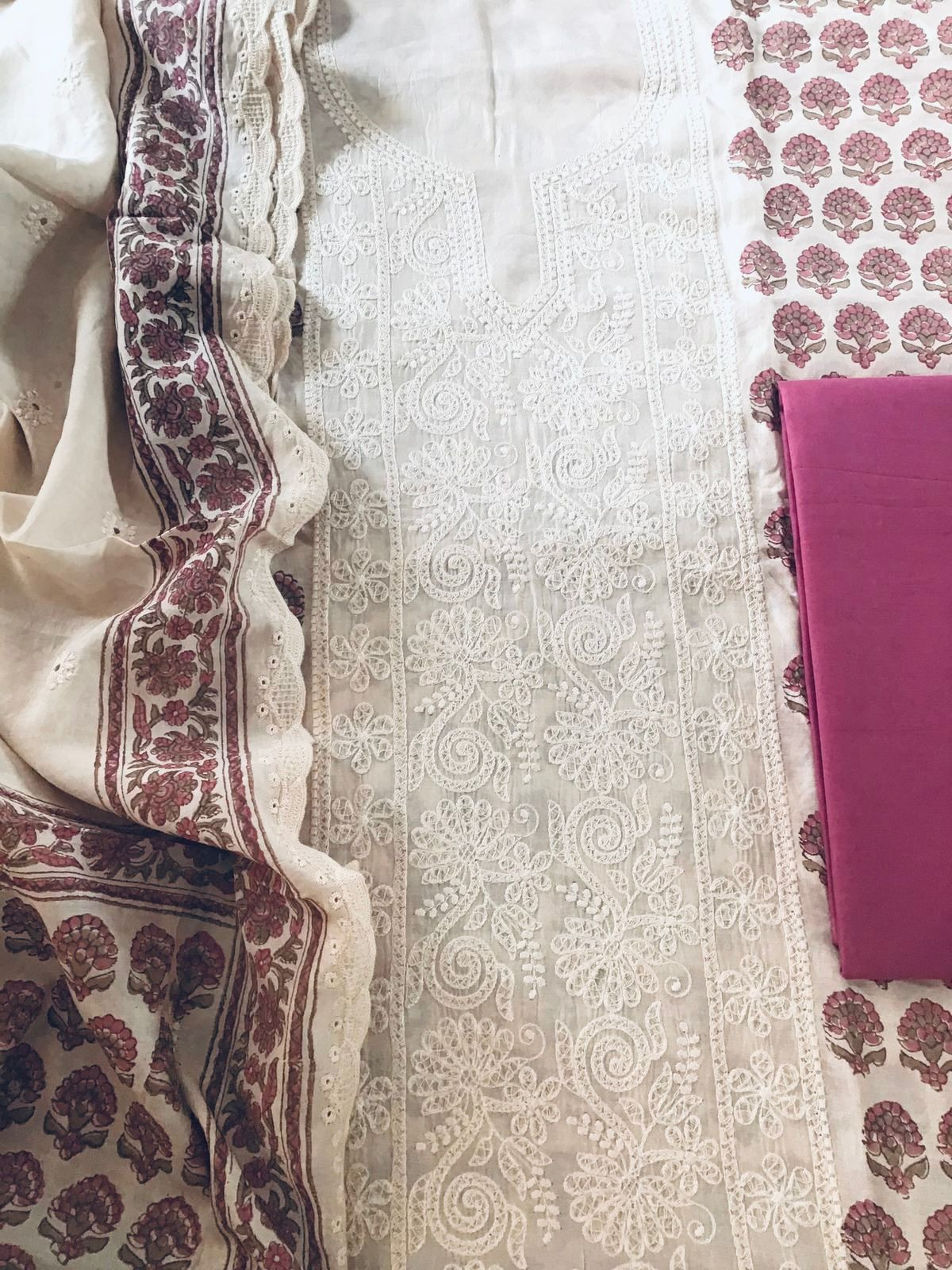 Pure Maheshwari Block Printed Embroidered Suit - Cream