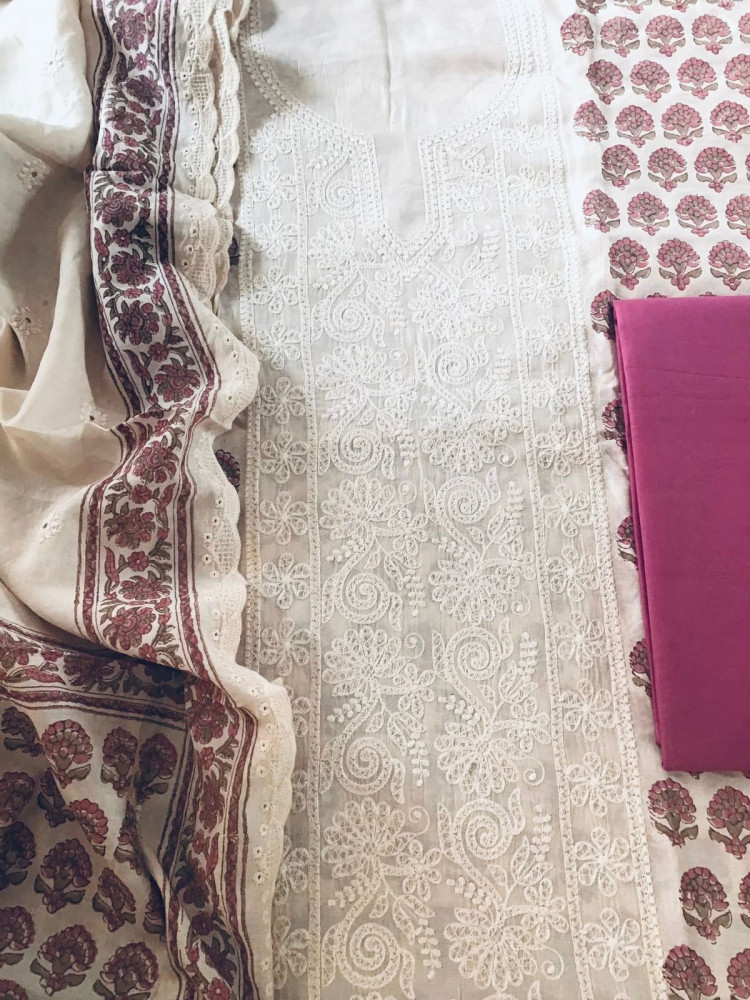 Image of Pure Maheshwari Block Printed Embroidered Suit - Cream