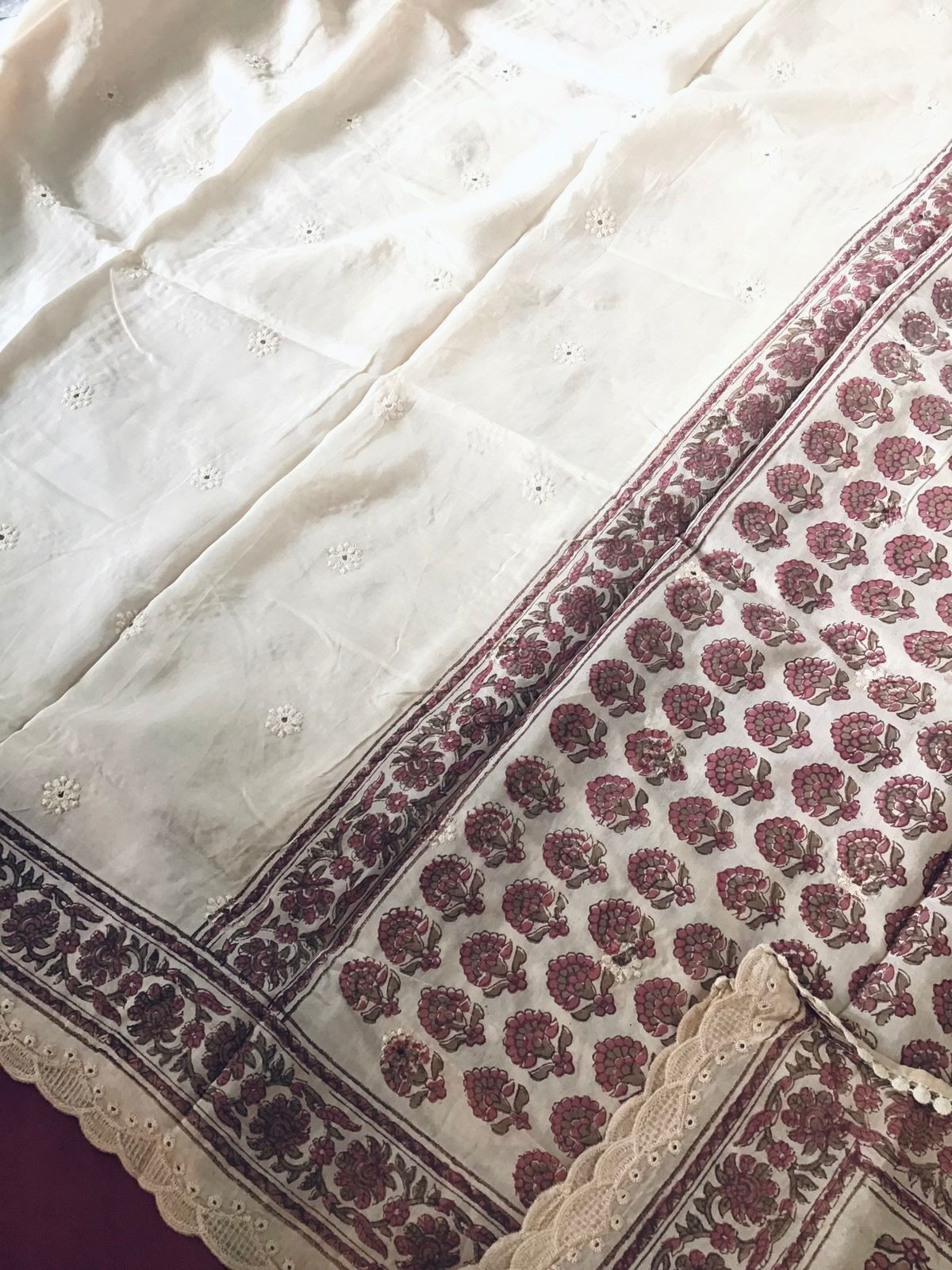 Pure Maheshwari Block Printed Embroidered Suit - Cream