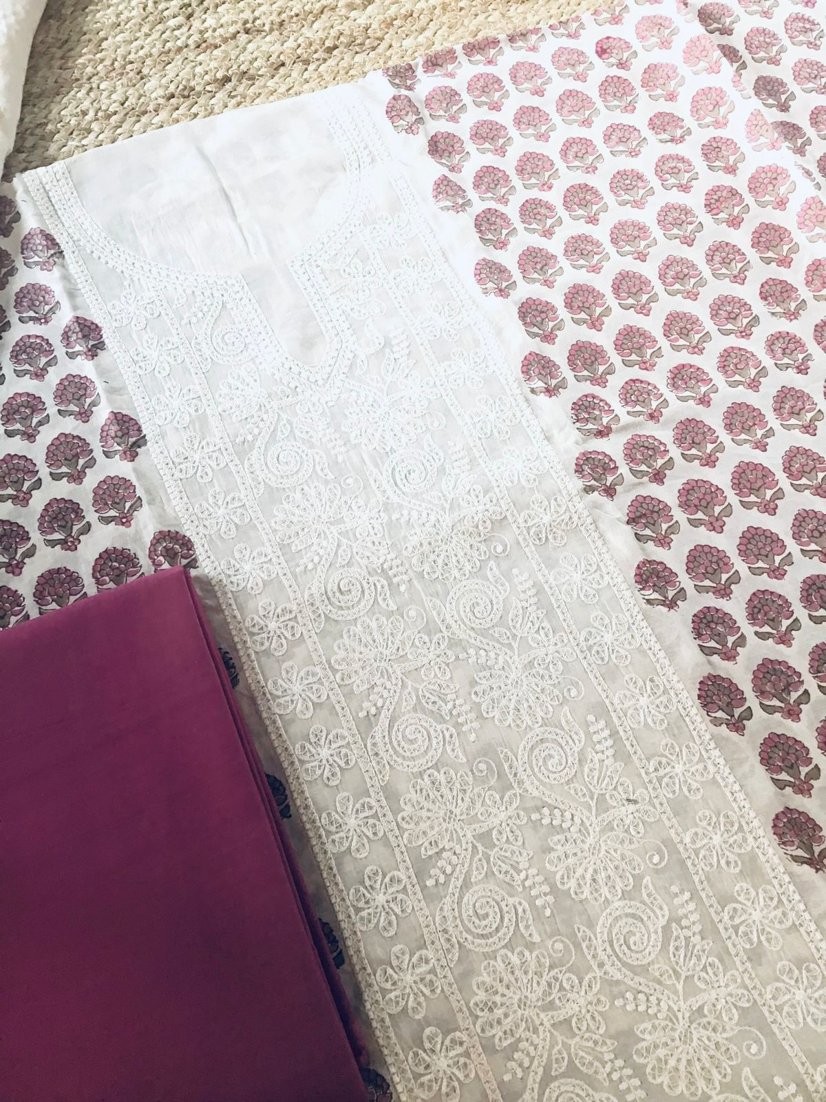 Pure Maheshwari Block Printed Embroidered Suit - Cream