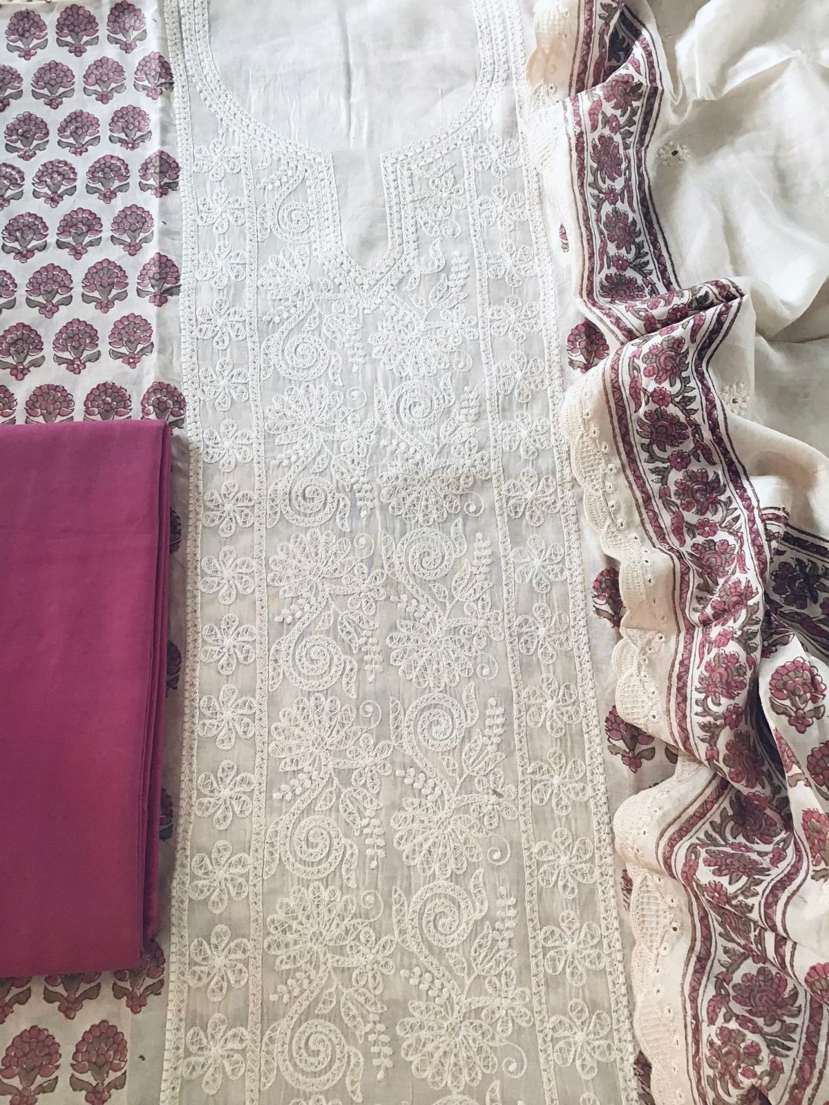 Pure Maheshwari Block Printed Embroidered Suit - Cream