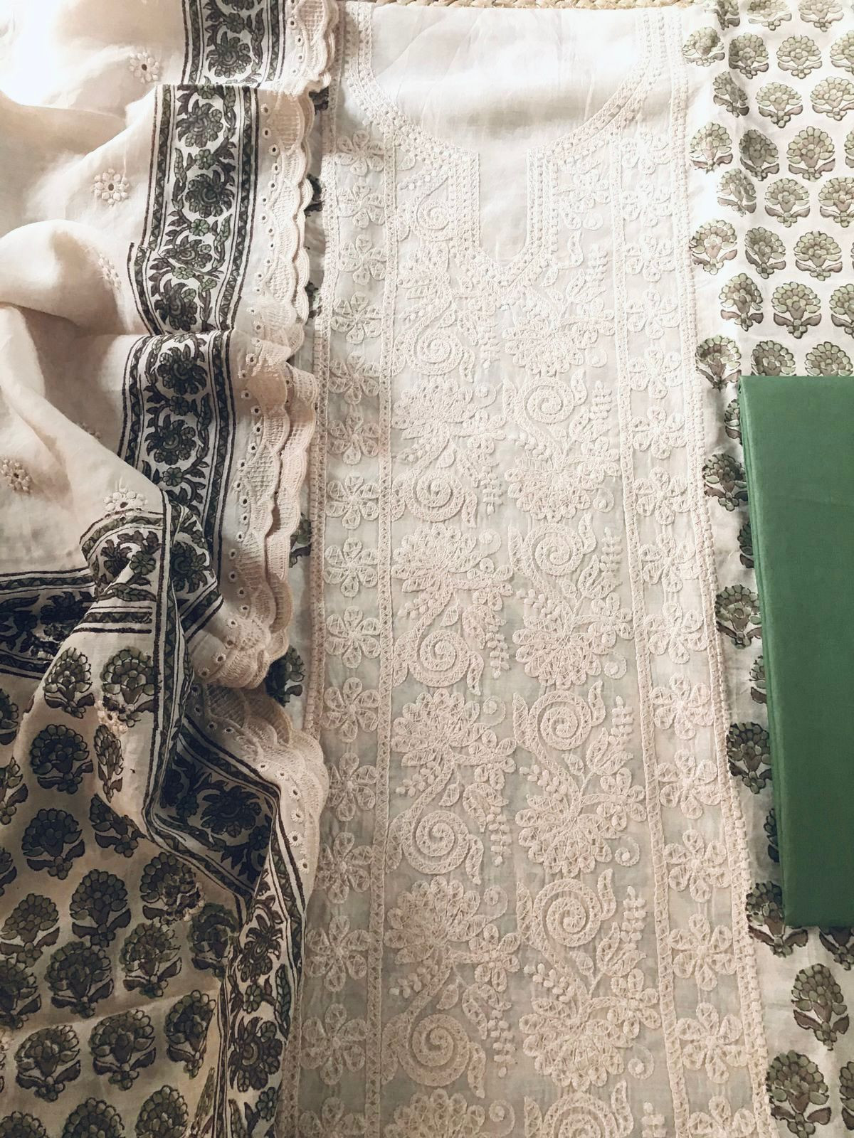 Pure Maheshwari Block Printed Embroidered Suit - Cream