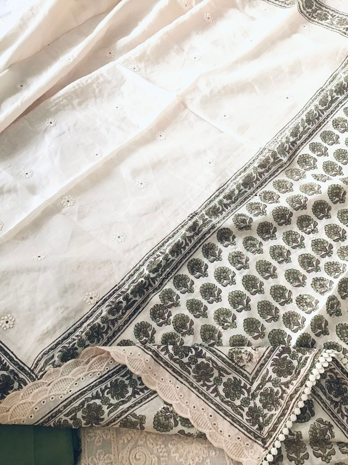 Pure Maheshwari Block Printed Embroidered Suit - Cream