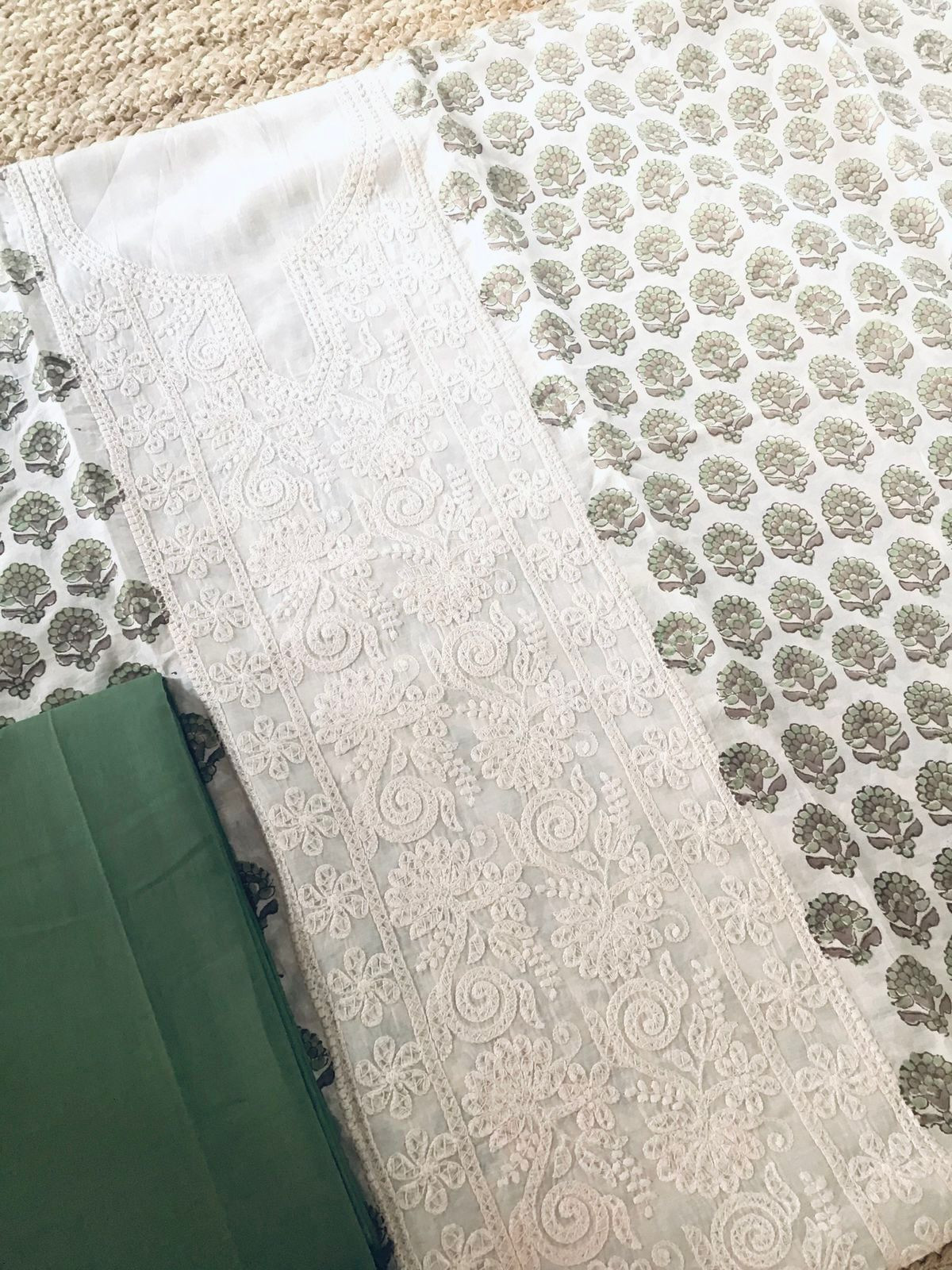 Pure Maheshwari Block Printed Embroidered Suit - Cream