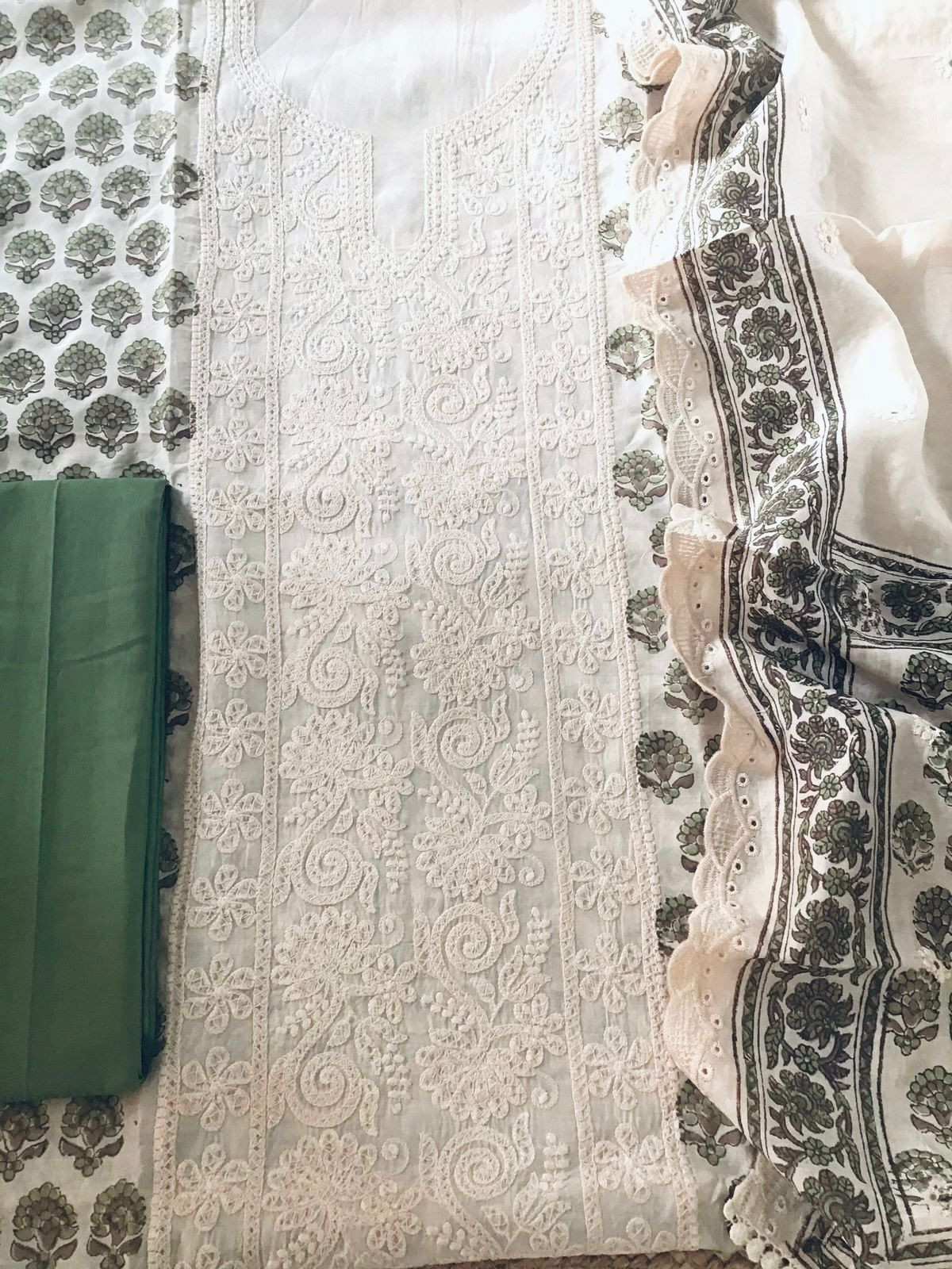 Pure Maheshwari Block Printed Embroidered Suit - Cream