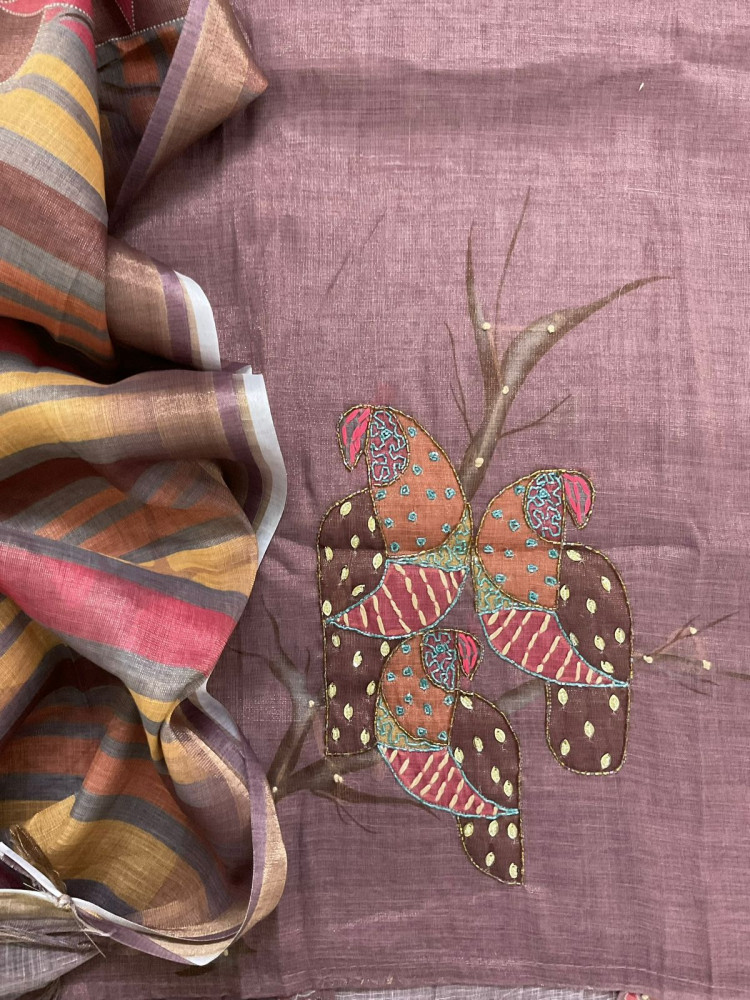 Image of Soft Tissue Slub Cotton Printed Embroidered Suit - Onion Pink