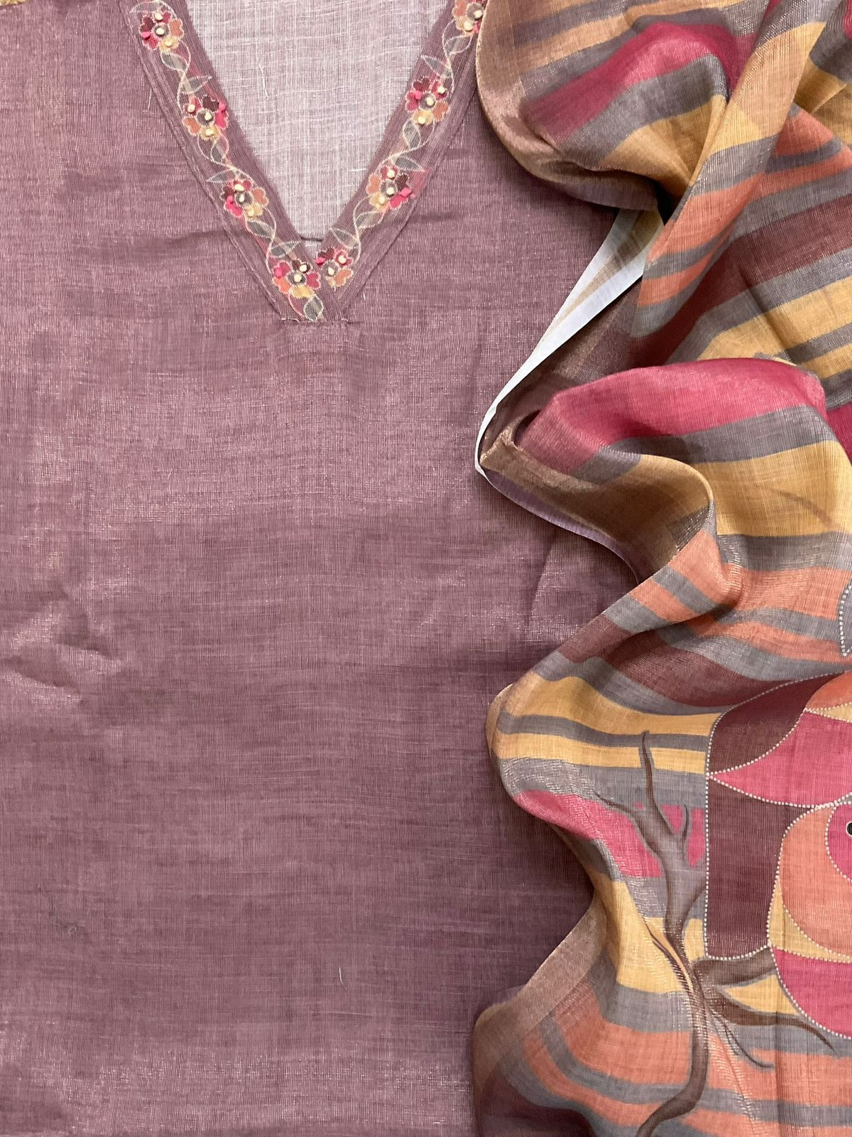 Soft Tissue Slub Cotton Printed Embroidered Suit - Onion Pink