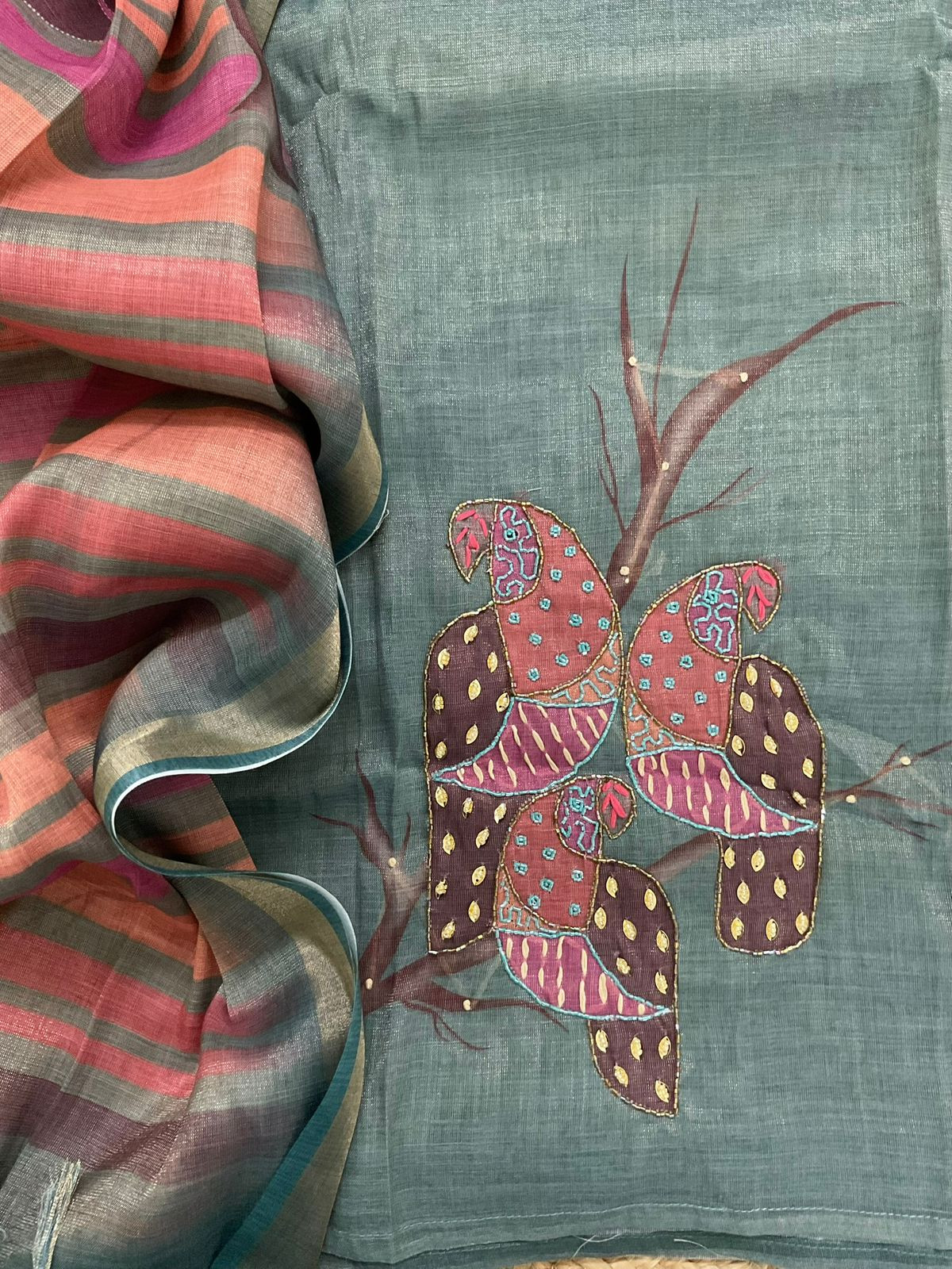 Soft Tissue Slub Cotton Printed Embroidered Suit - Bluish Grey