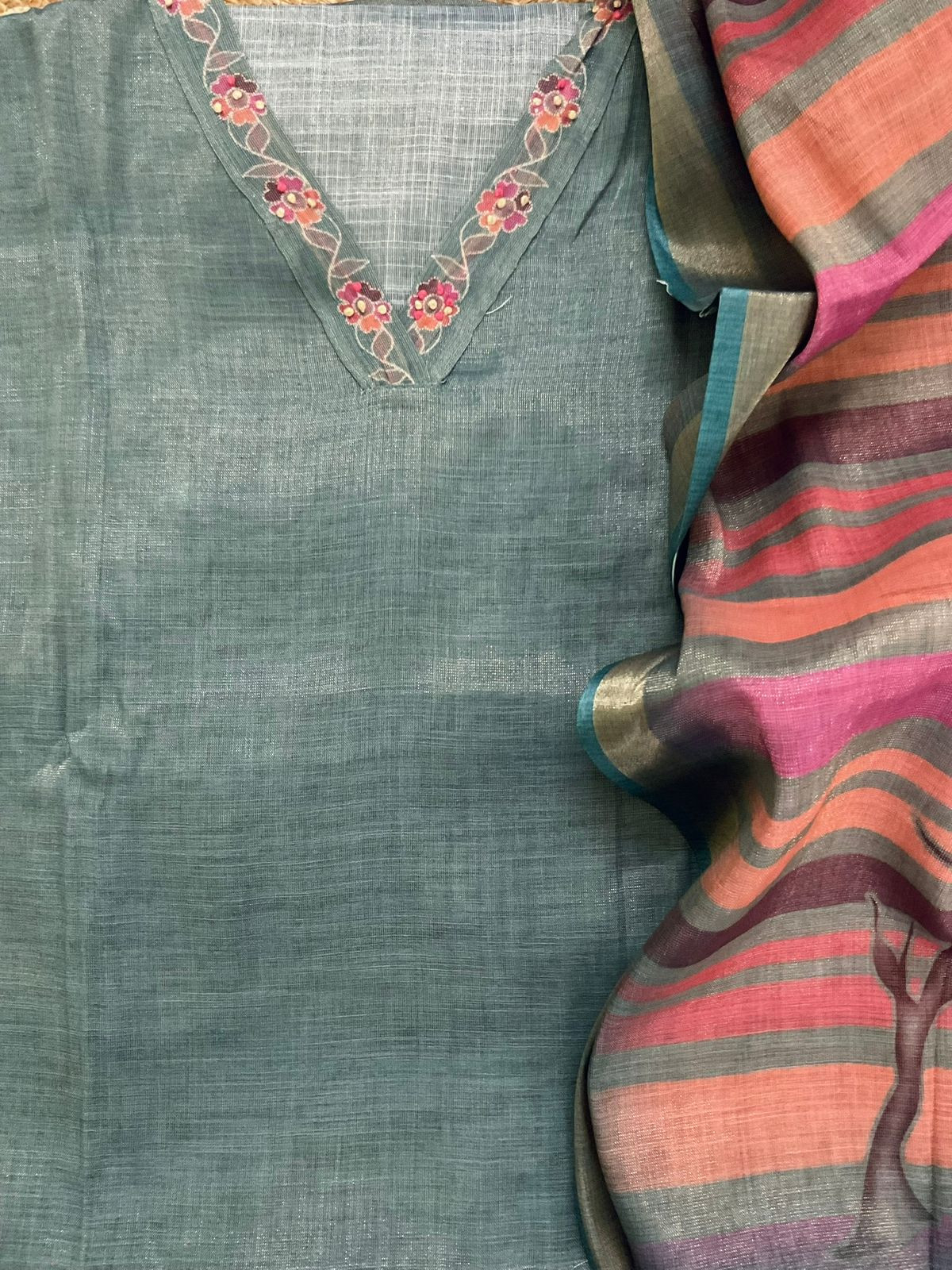 Soft Tissue Slub Cotton Printed Embroidered Suit - Bluish Grey