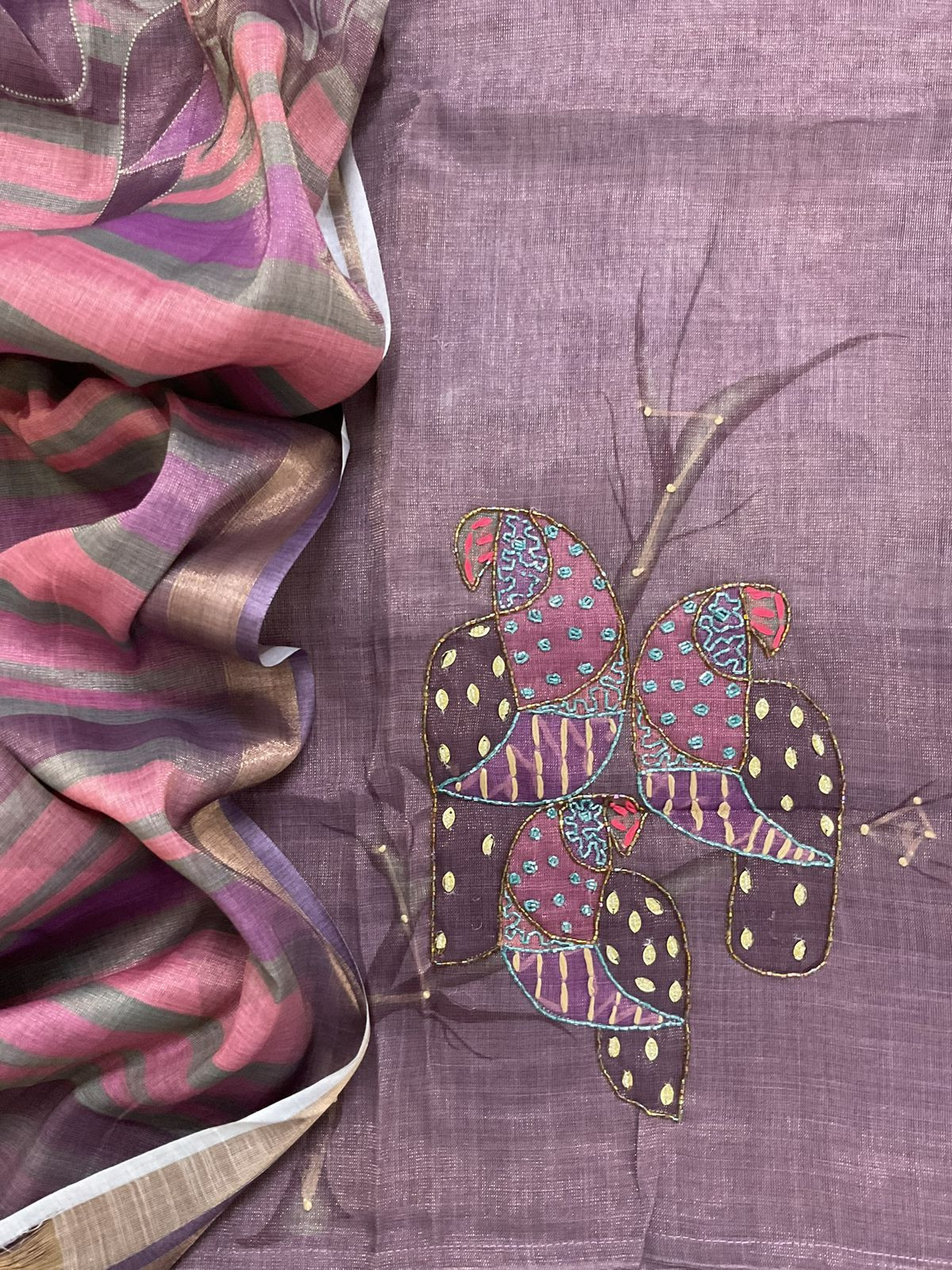 Soft Tissue Slub Cotton Printed Embroidered Suit - Mauve