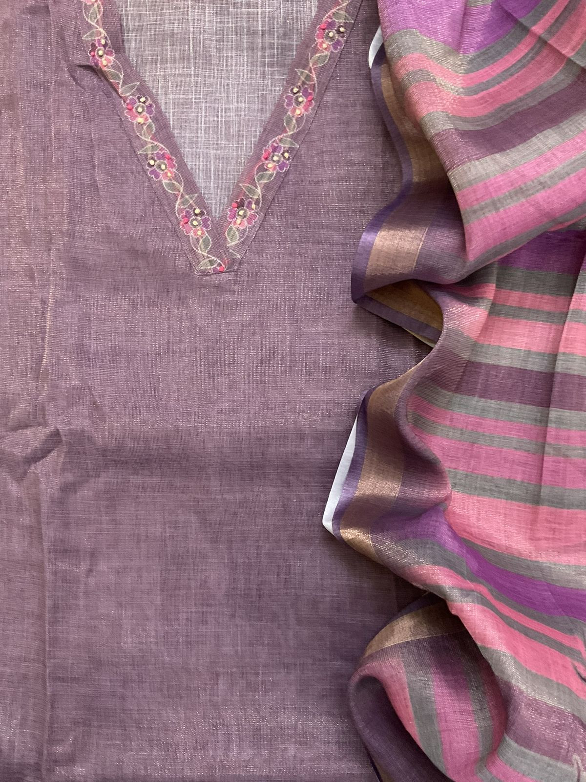 Soft Tissue Slub Cotton Printed Embroidered Suit - Mauve