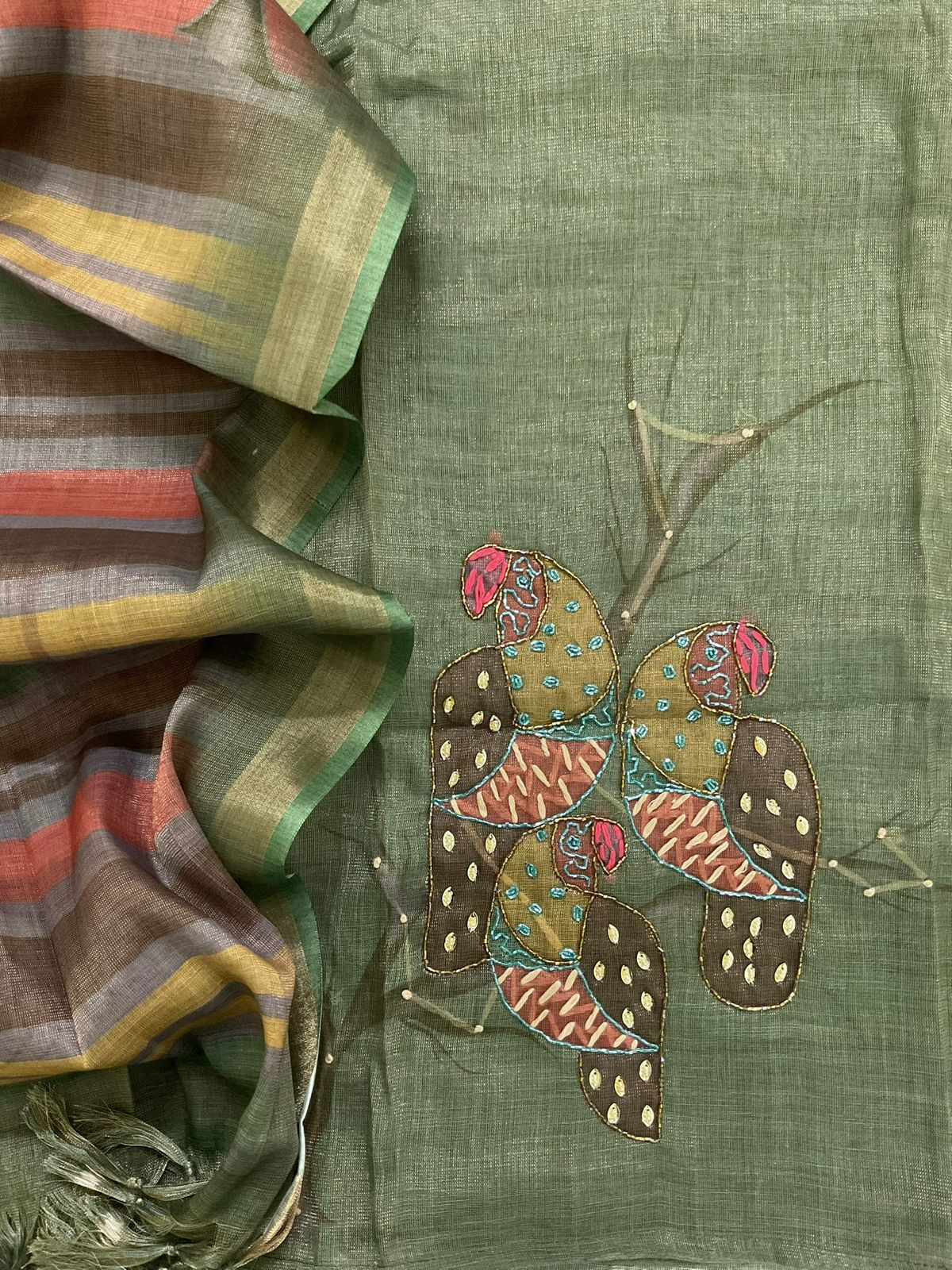 Soft Tissue Slub Cotton Printed Embroidered Suit - Green