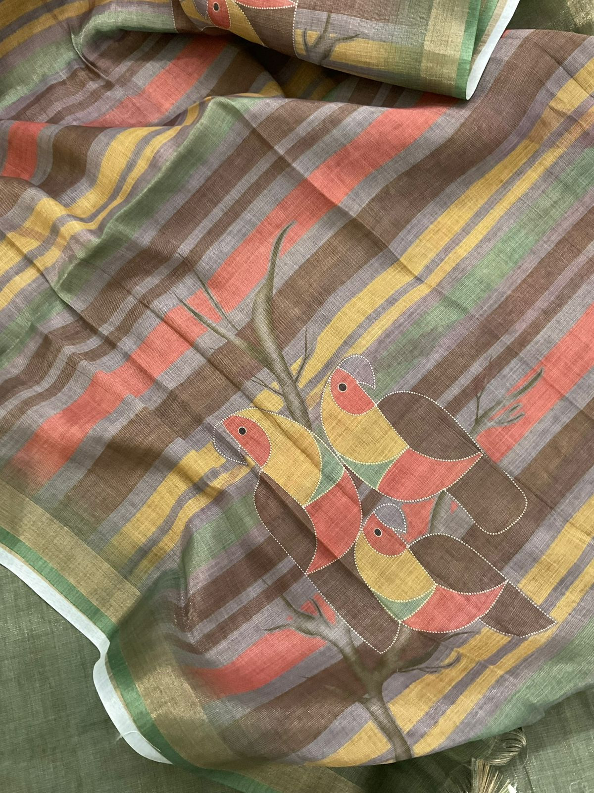 Soft Tissue Slub Cotton Printed Embroidered Suit - Green