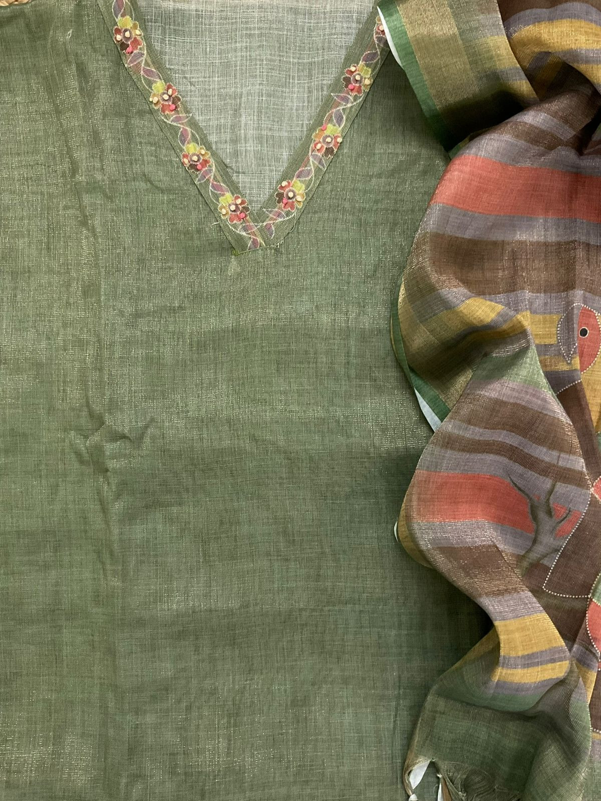 Soft Tissue Slub Cotton Printed Embroidered Suit - Green