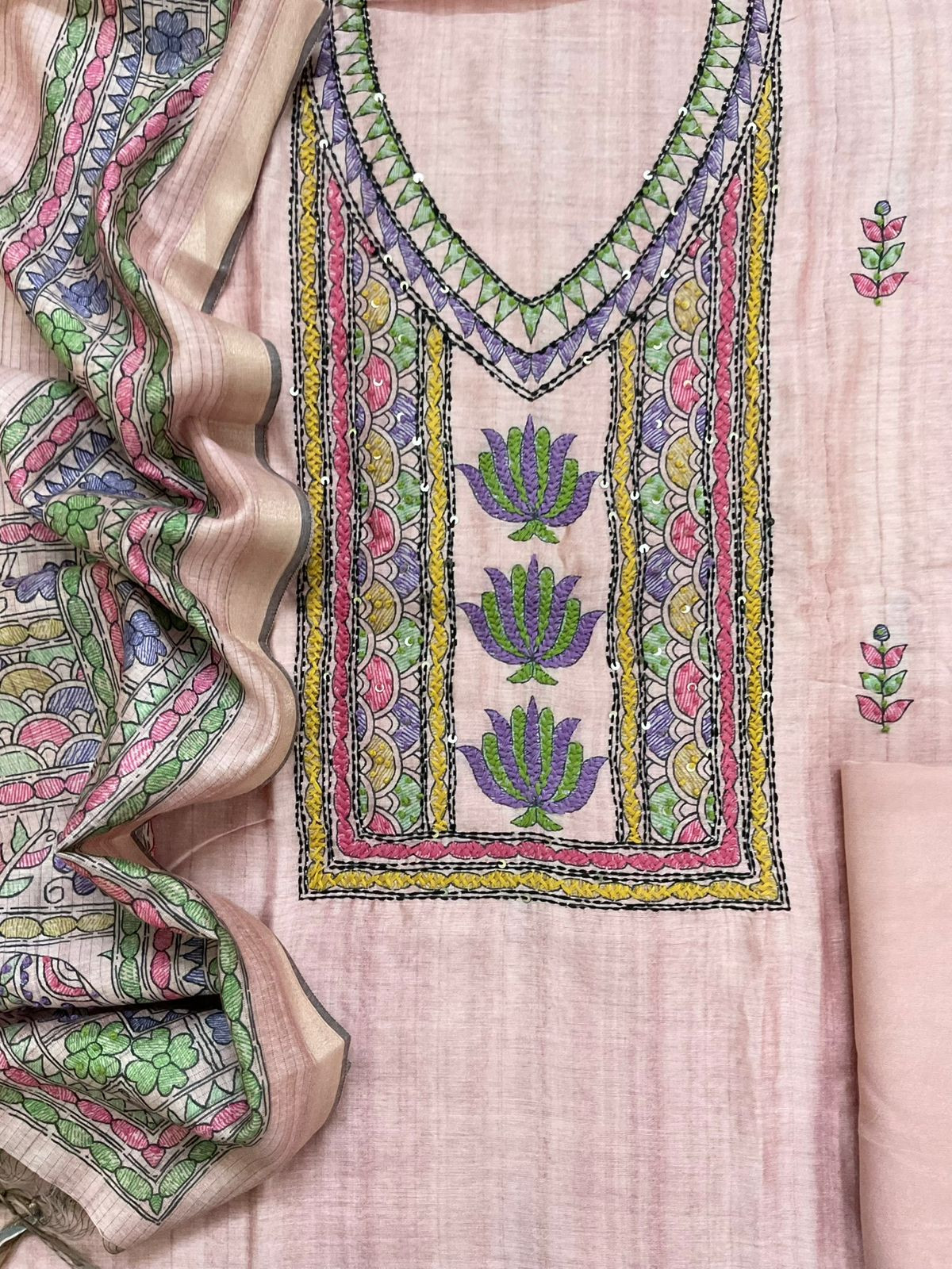 Soft Semi Raw Silk Printed Embroidered Suit - Pink