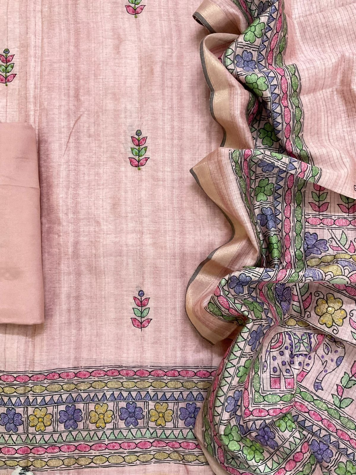 Soft Semi Raw Silk Printed Embroidered Suit - Pink