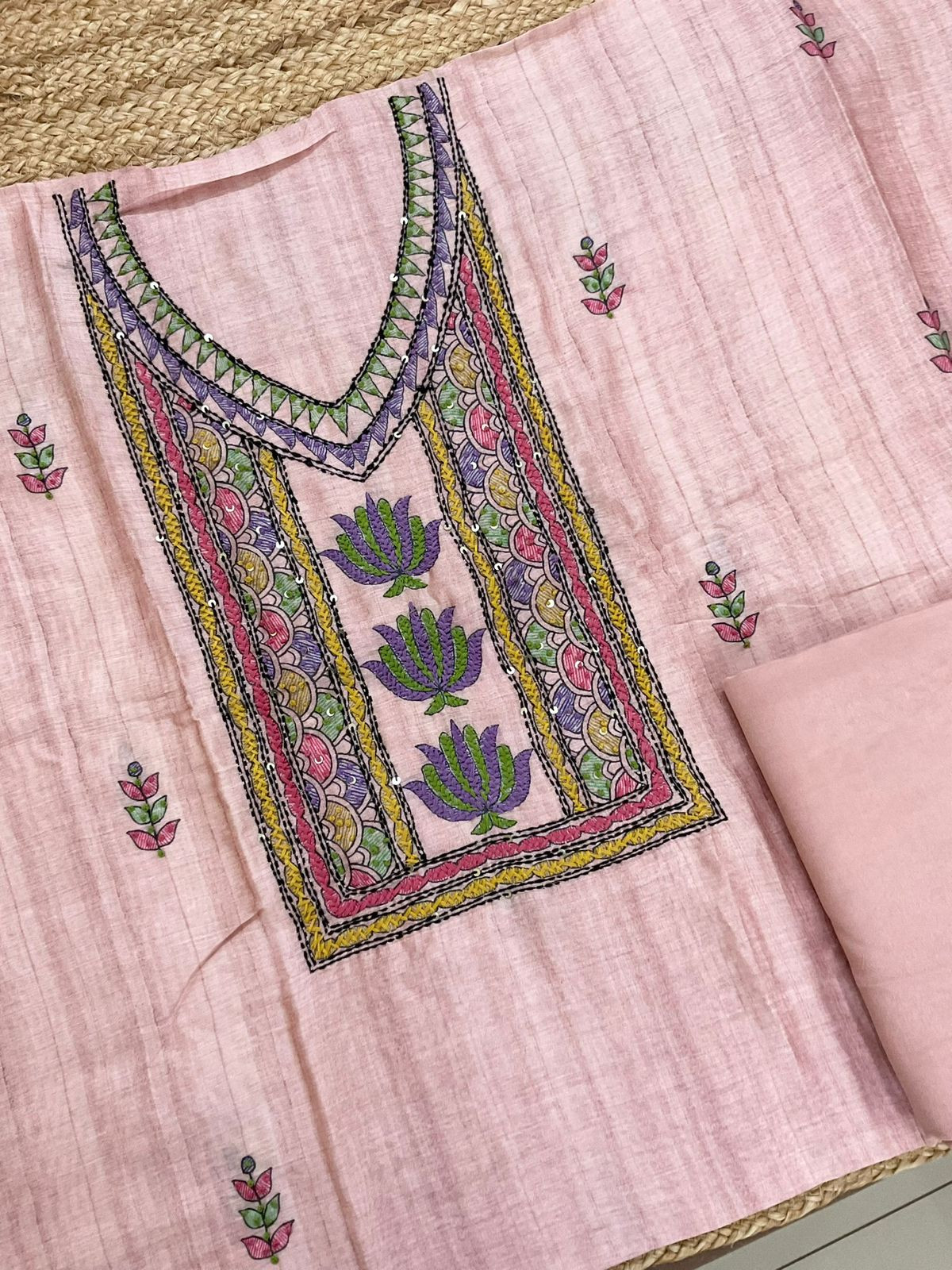 Soft Semi Raw Silk Printed Embroidered Suit - Pink