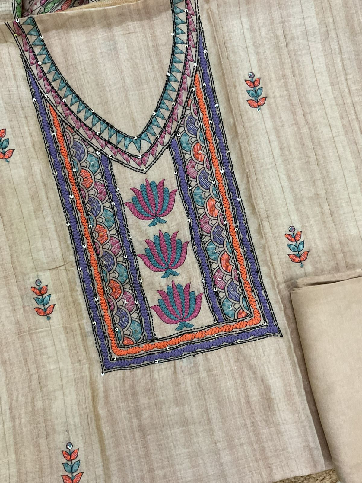 Soft Semi Raw Silk Printed Embroidered Suit - Beige