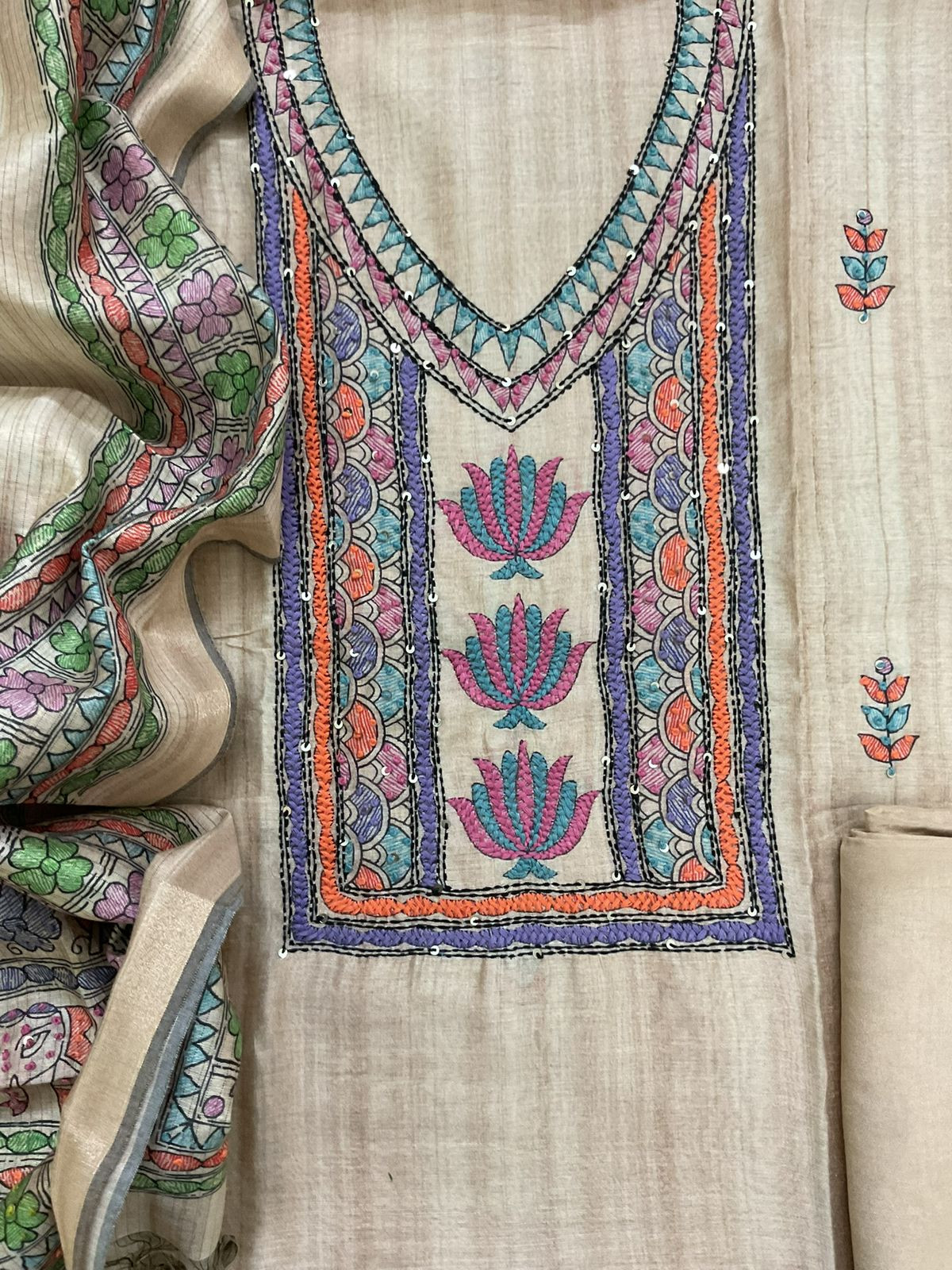 Soft Semi Raw Silk Printed Embroidered Suit - Beige