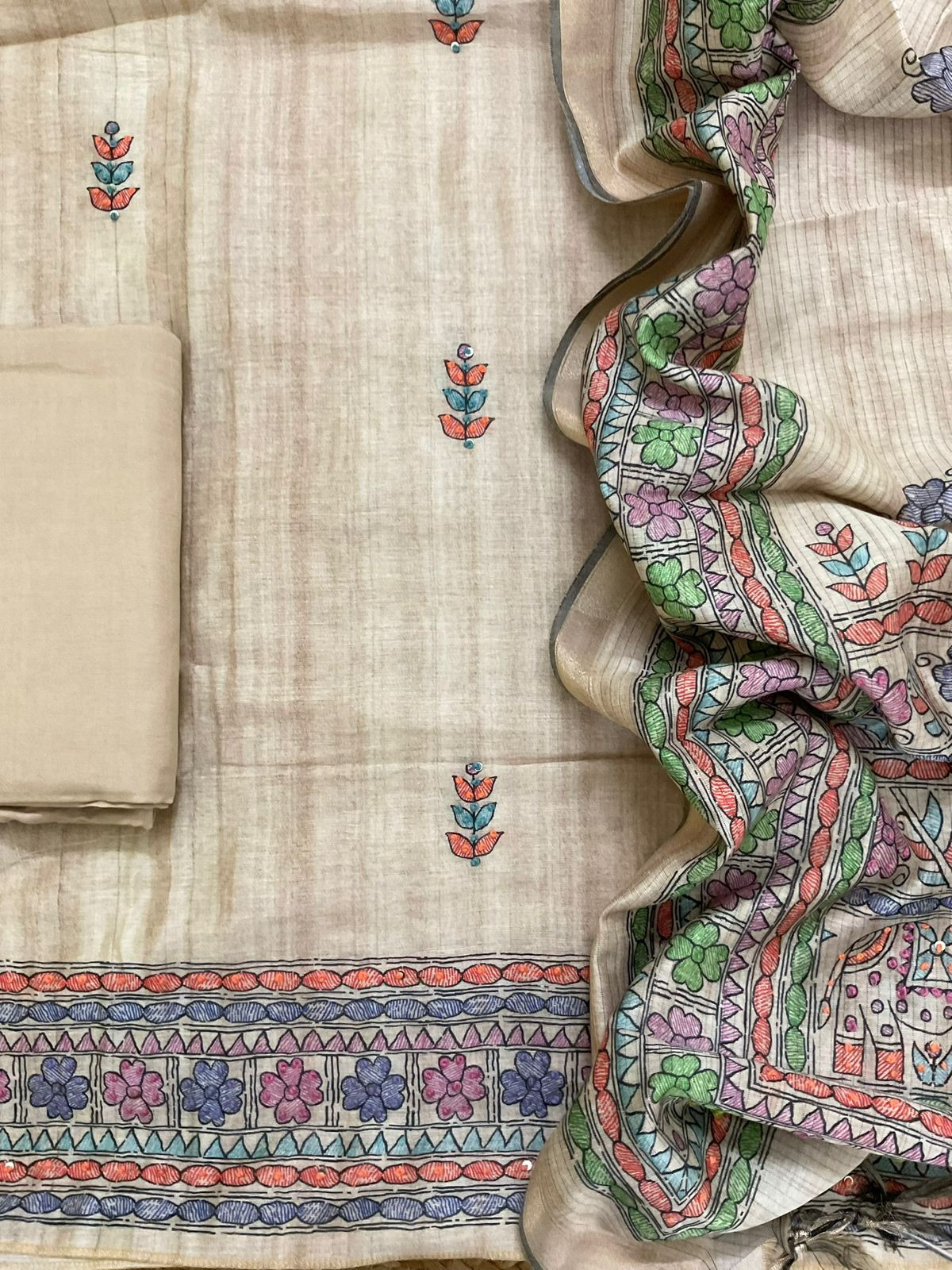 Soft Semi Raw Silk Printed Embroidered Suit - Beige