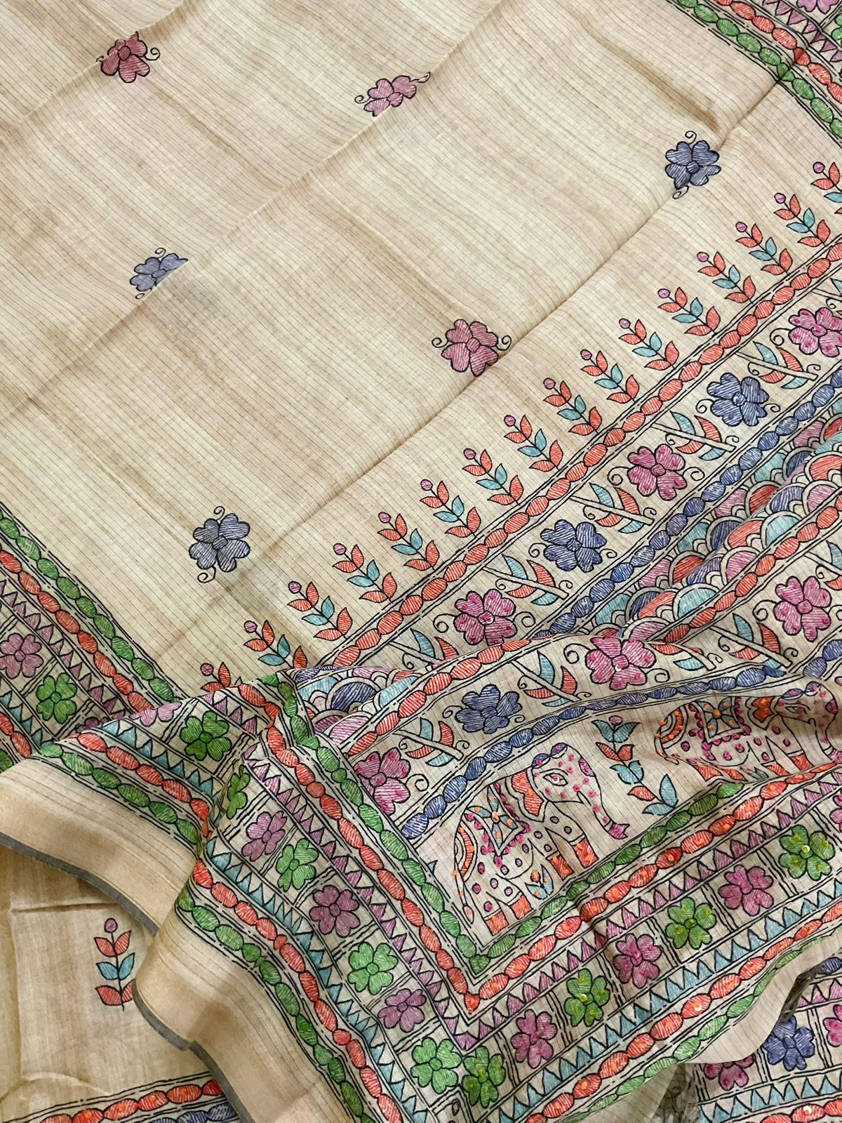 Soft Semi Raw Silk Printed Embroidered Suit - Beige