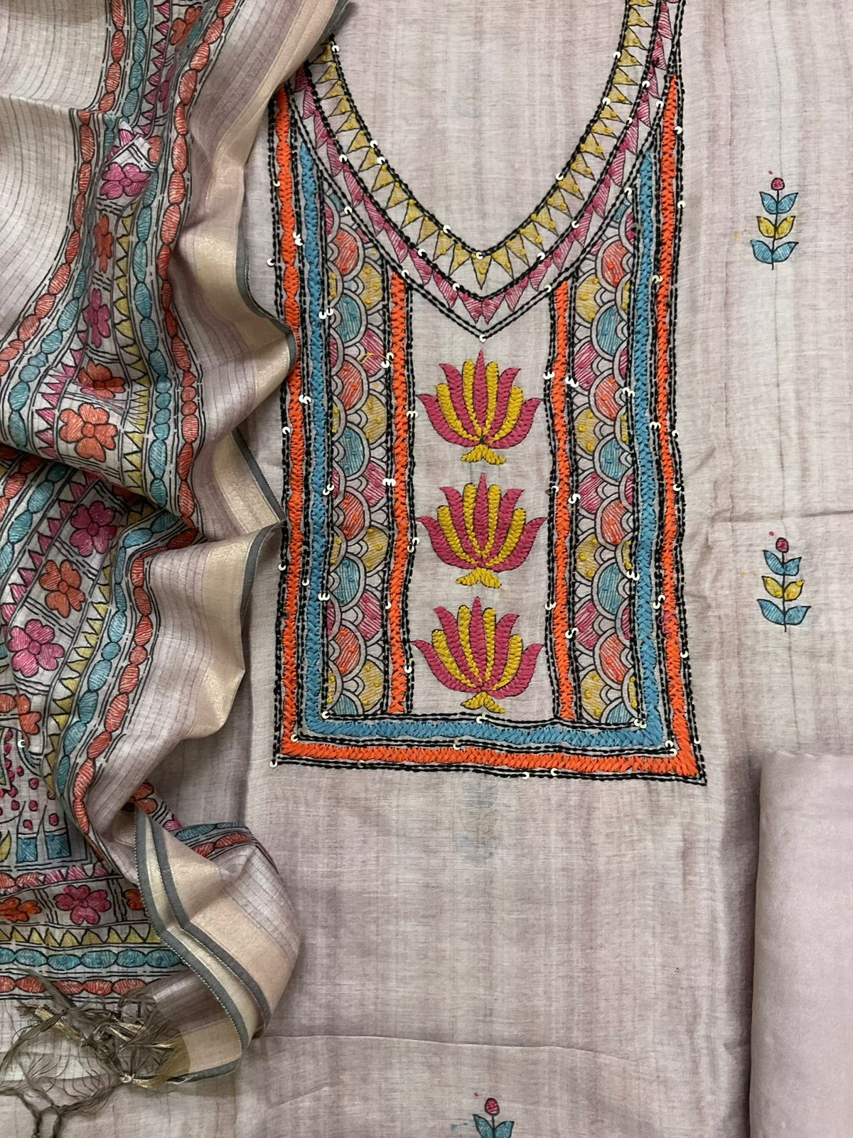 Soft Semi Raw Silk Printed Embroidered Suit - Mauve