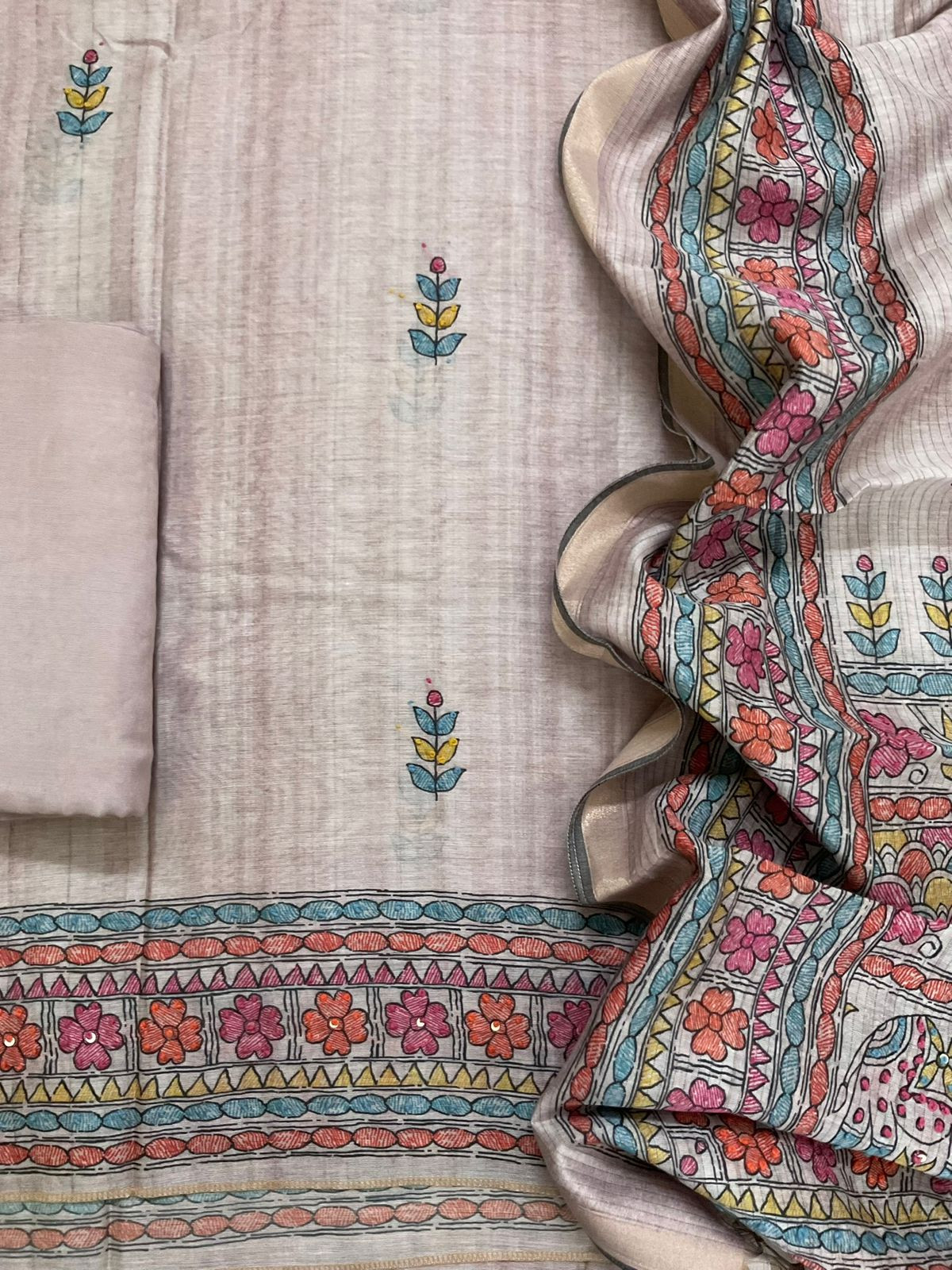 Soft Semi Raw Silk Printed Embroidered Suit - Mauve