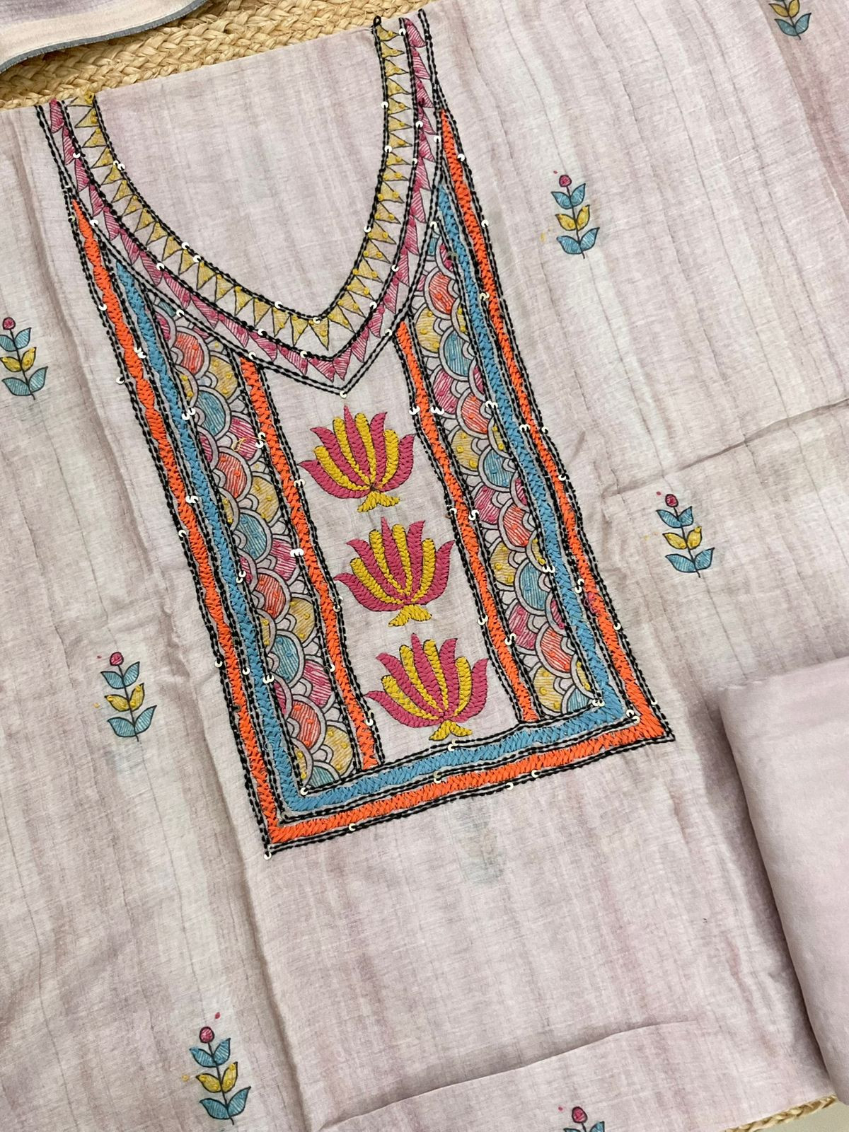 Soft Semi Raw Silk Printed Embroidered Suit - Mauve