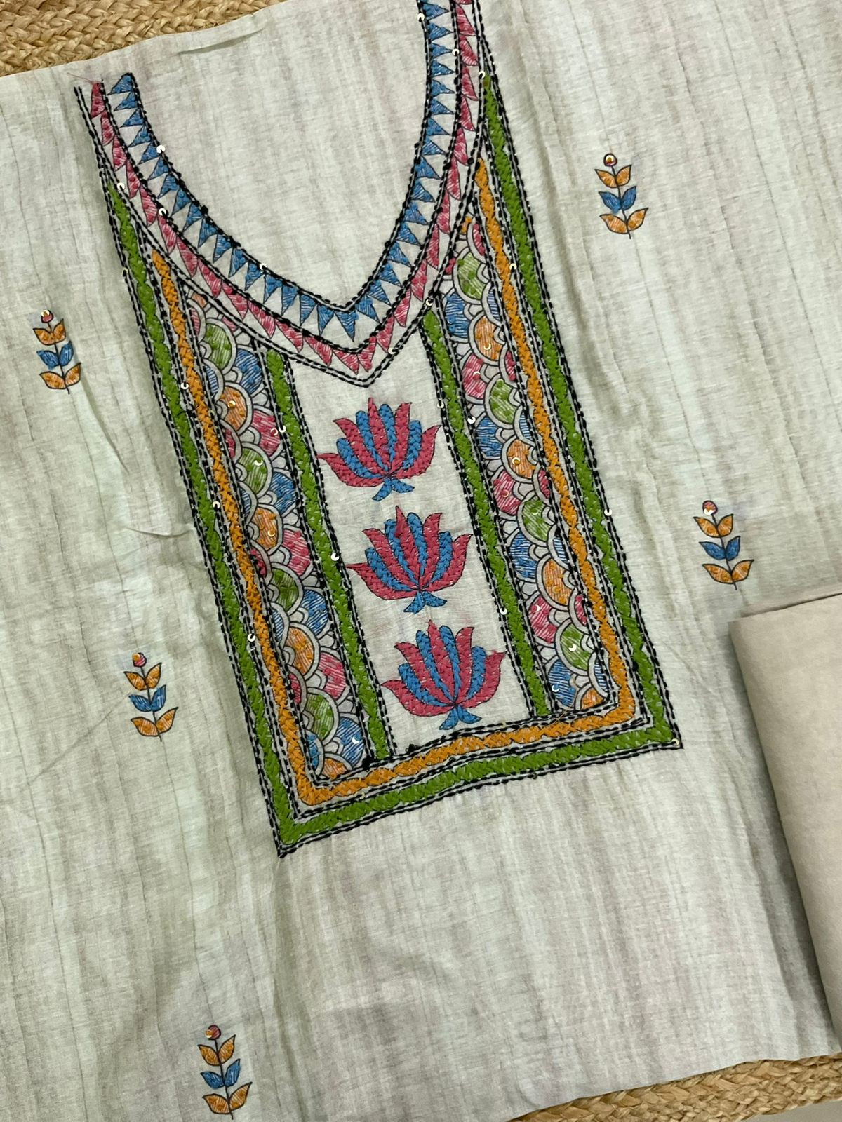 Soft Semi Raw Silk Printed Embroidered Suit - Green