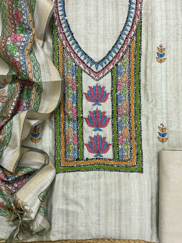 Image of Soft Semi Raw Silk Printed Embroidered Suit - Green