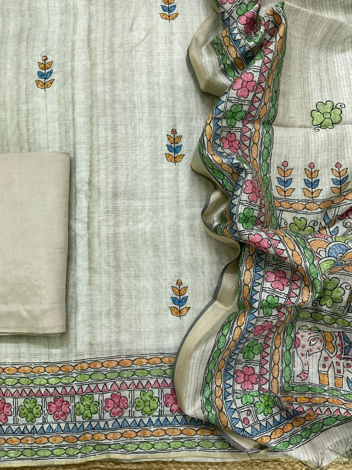 Soft Semi Raw Silk Printed Embroidered Suit - Green