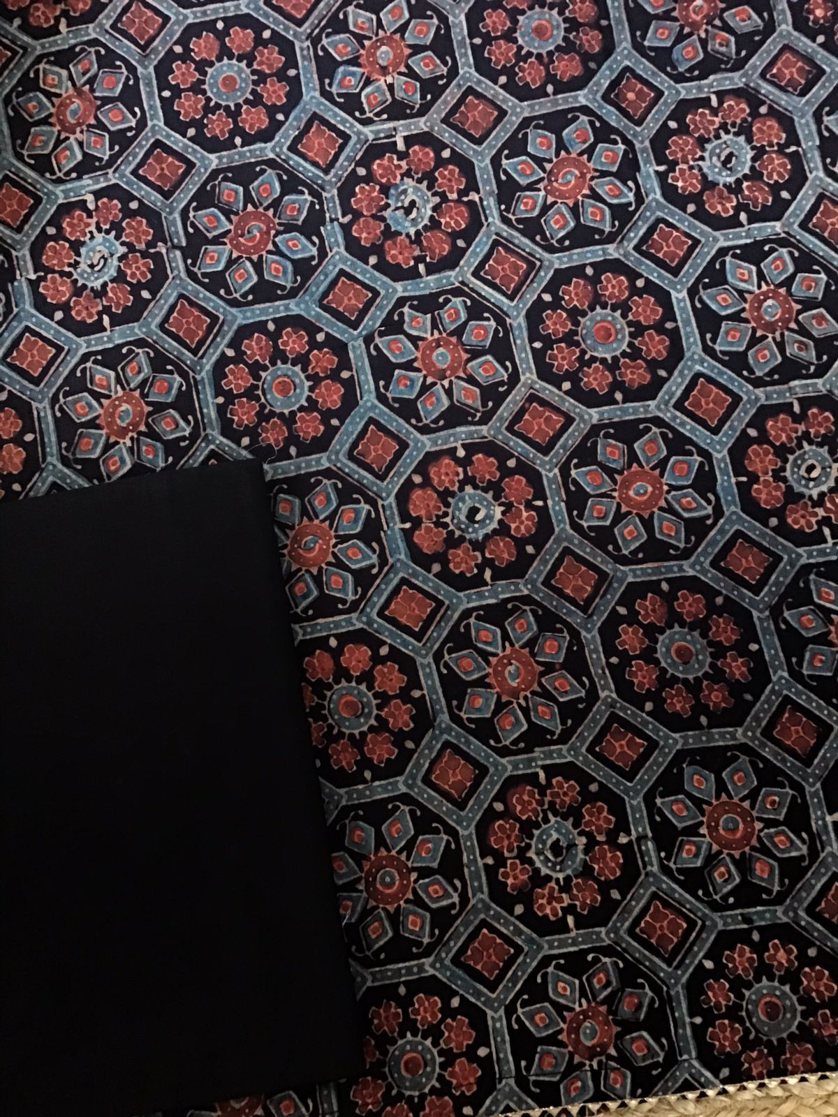 Pure Cotton Silk Ajrakh Printed Embroidered Suit - Black