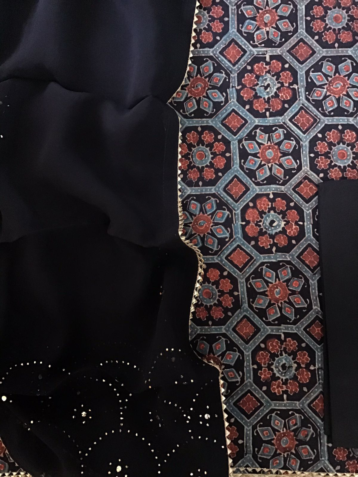 Pure Cotton Silk Ajrakh Printed Embroidered Suit - Black