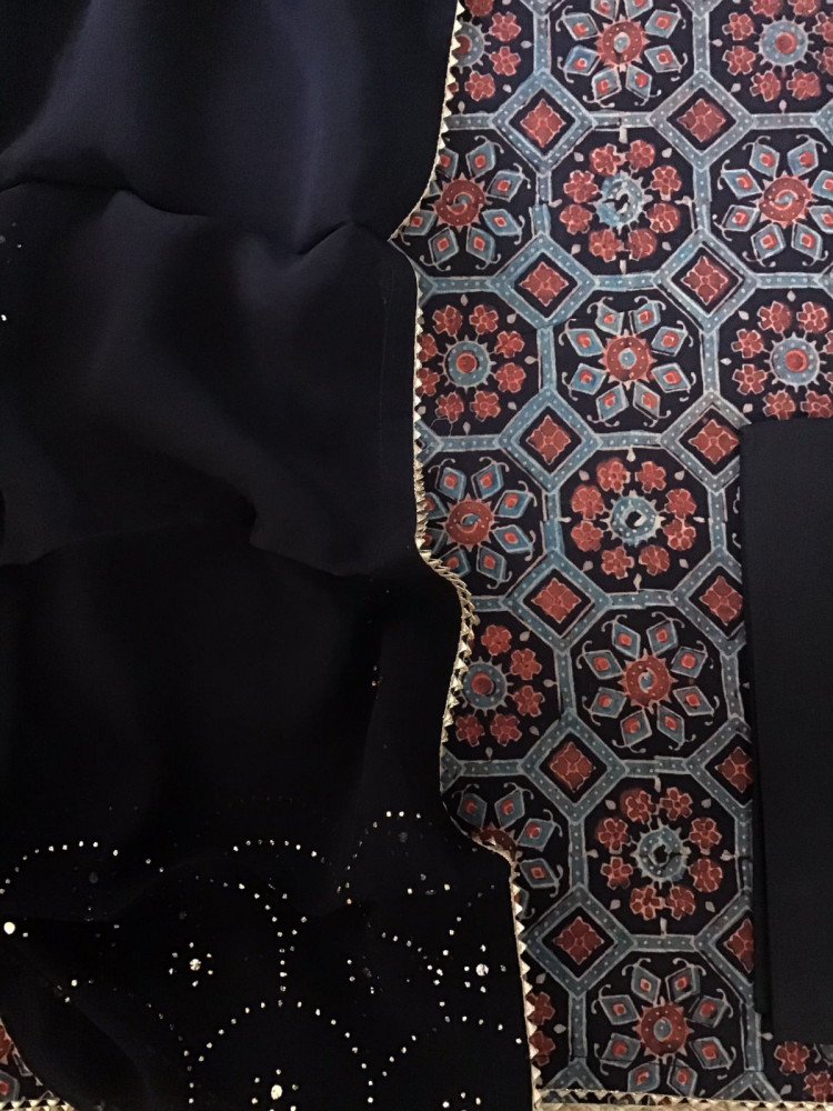 Image of Pure Cotton Silk Ajrakh Printed Embroidered Suit - Black