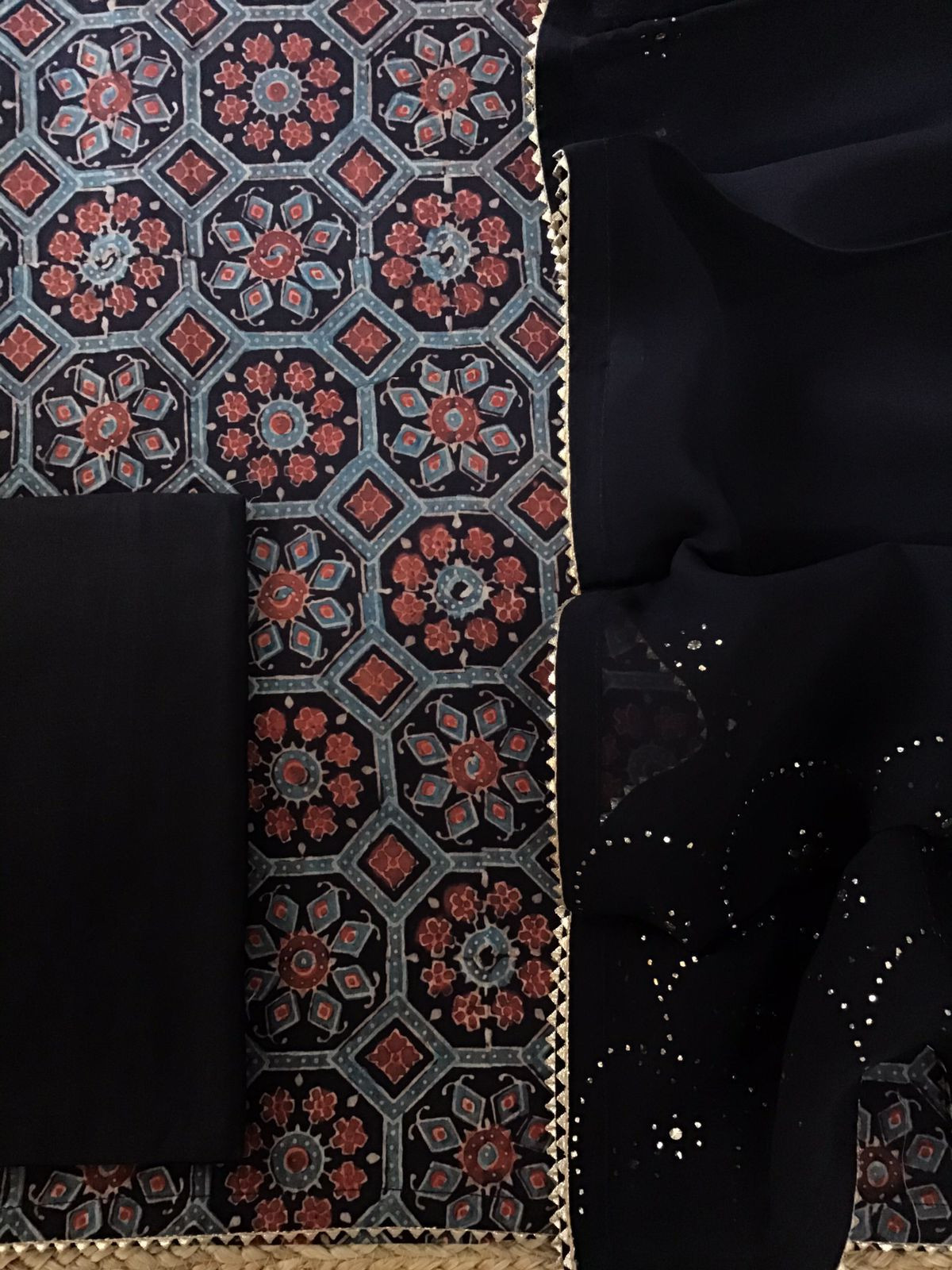 Pure Cotton Silk Ajrakh Printed Embroidered Suit - Black