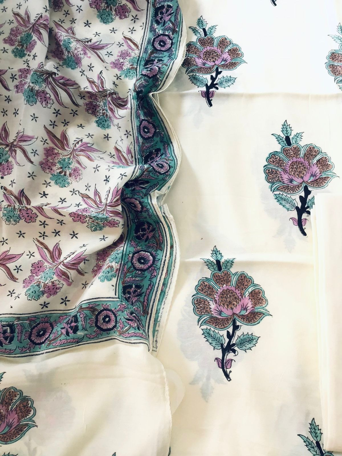 Soft Fine Muslin Silk Printed Suit - Cream